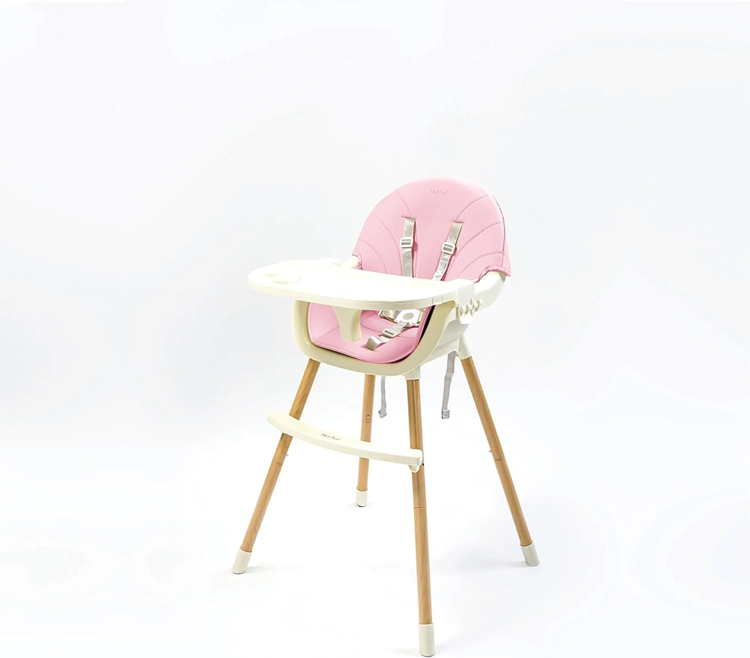 صندلی غذای کودک نورتور 2 در 1، ارتفاع قابل تنظیم، روکش چوبی، با کوسن نرم، سینی جداشدنی، دارای زیرپایی - صورتی
