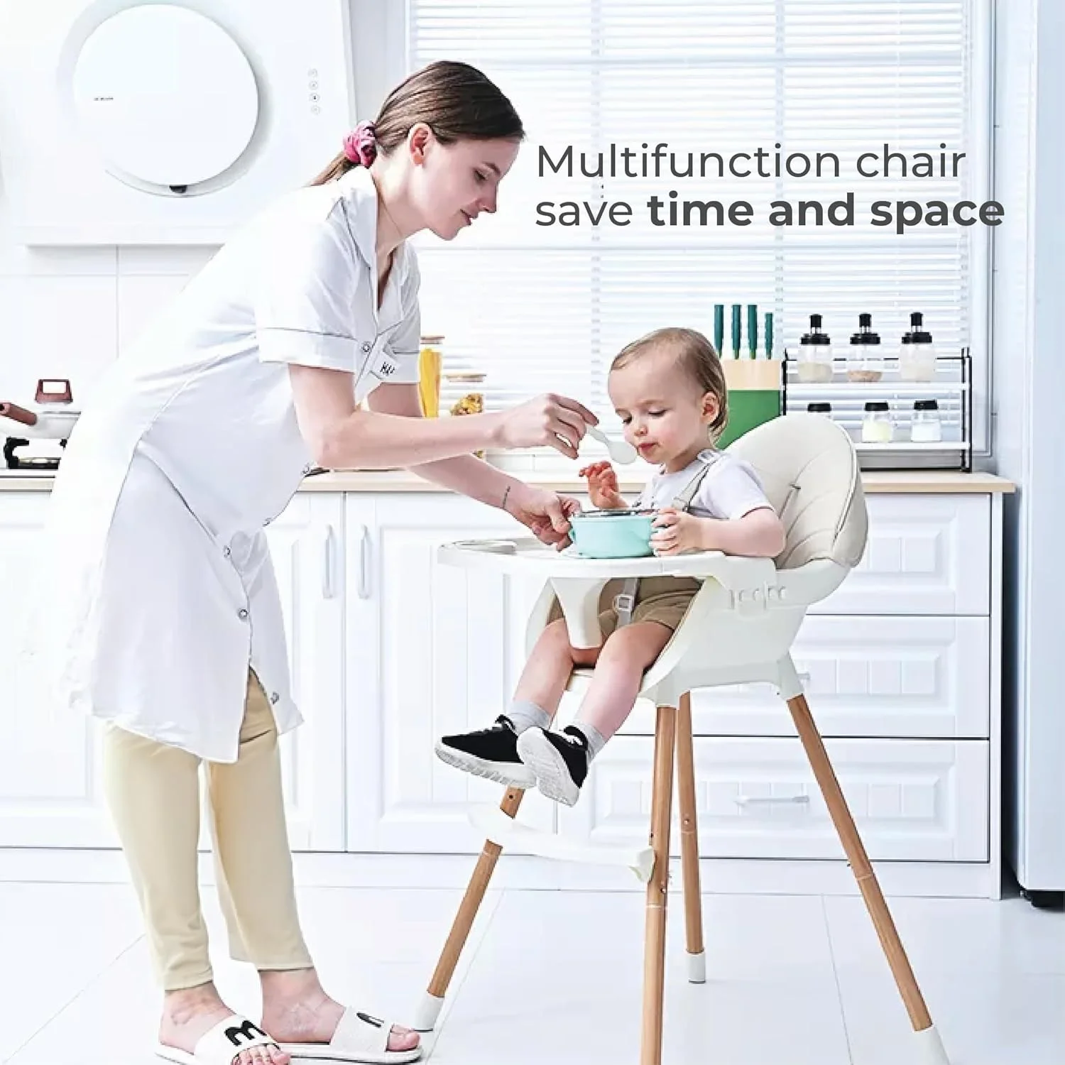 صندلی غذای کودک نورتور 2 در 1، ارتفاع قابل تنظیم، روکش چوبی، با کوسن نرم، سینی جداشدنی، دارای زیرپایی - صورتی