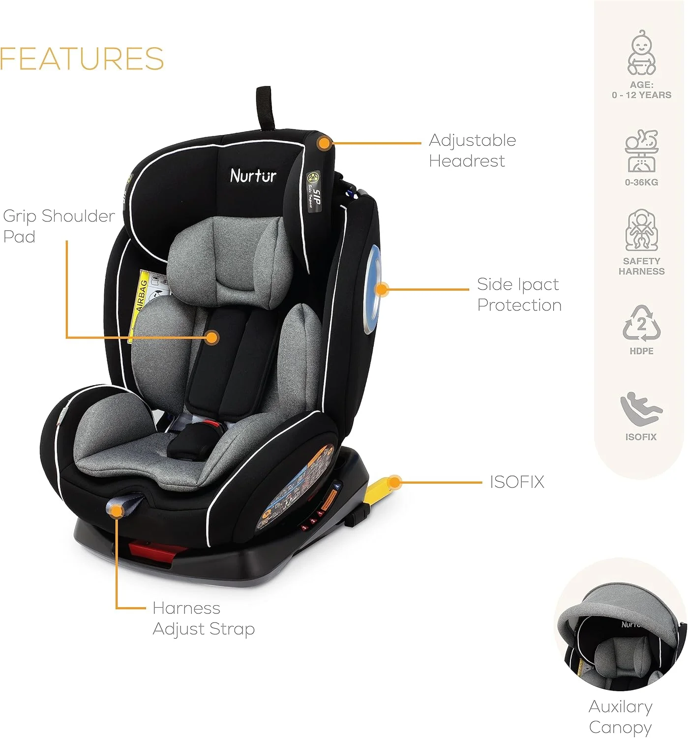 صندلی ماشین کودک/نوزاد 4 در 1 نورتر اولترا - چرخش 360 درجه ISOFIX - تکیه گاه سر و سایبان قابل تنظیم 9 حالته از 0 ماهگی تا 12 سالگی (گروه 0+/1/2/3)، تا 36 کیلوگرم - خاکستری/مشکی