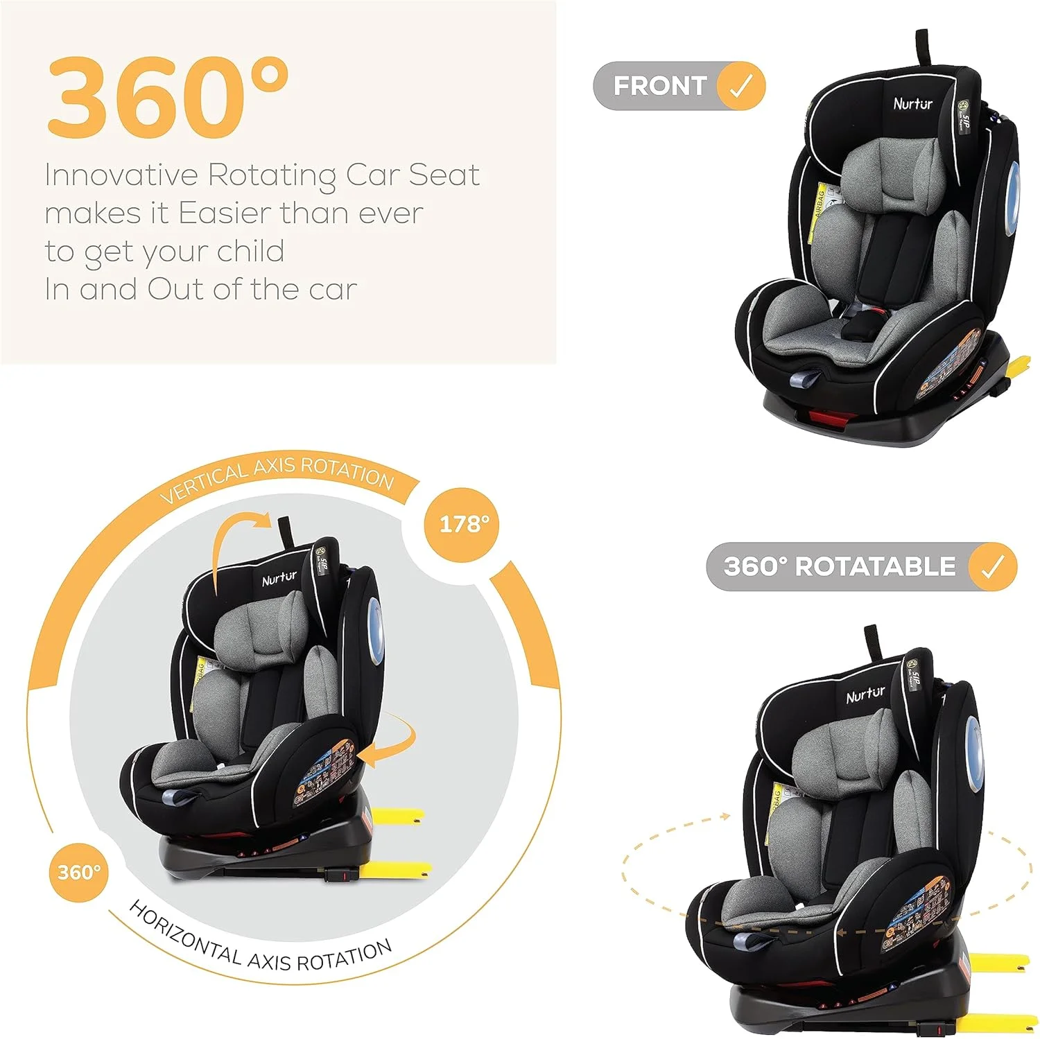صندلی ماشین کودک/نوزاد 4 در 1 نورتر اولترا - چرخش 360 درجه ISOFIX - تکیه گاه سر و سایبان قابل تنظیم 9 حالته از 0 ماهگی تا 12 سالگی (گروه 0+/1/2/3)، تا 36 کیلوگرم - خاکستری/مشکی