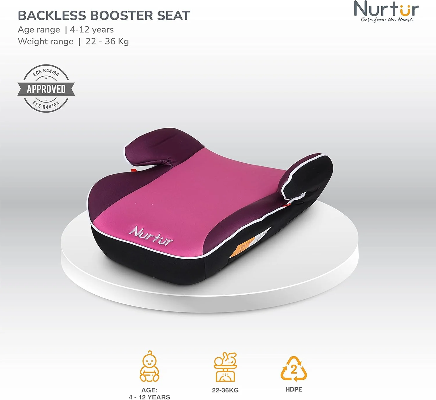 صندلی بوستر کودک Nurtur Nova - دارای تکیه گاه دست - نصب آسان - مناسب برای همه خودروها - پایه پهن و نرم - مناسب برای کودکان 4 تا 12 سال (گروه 2/3) - صورتی