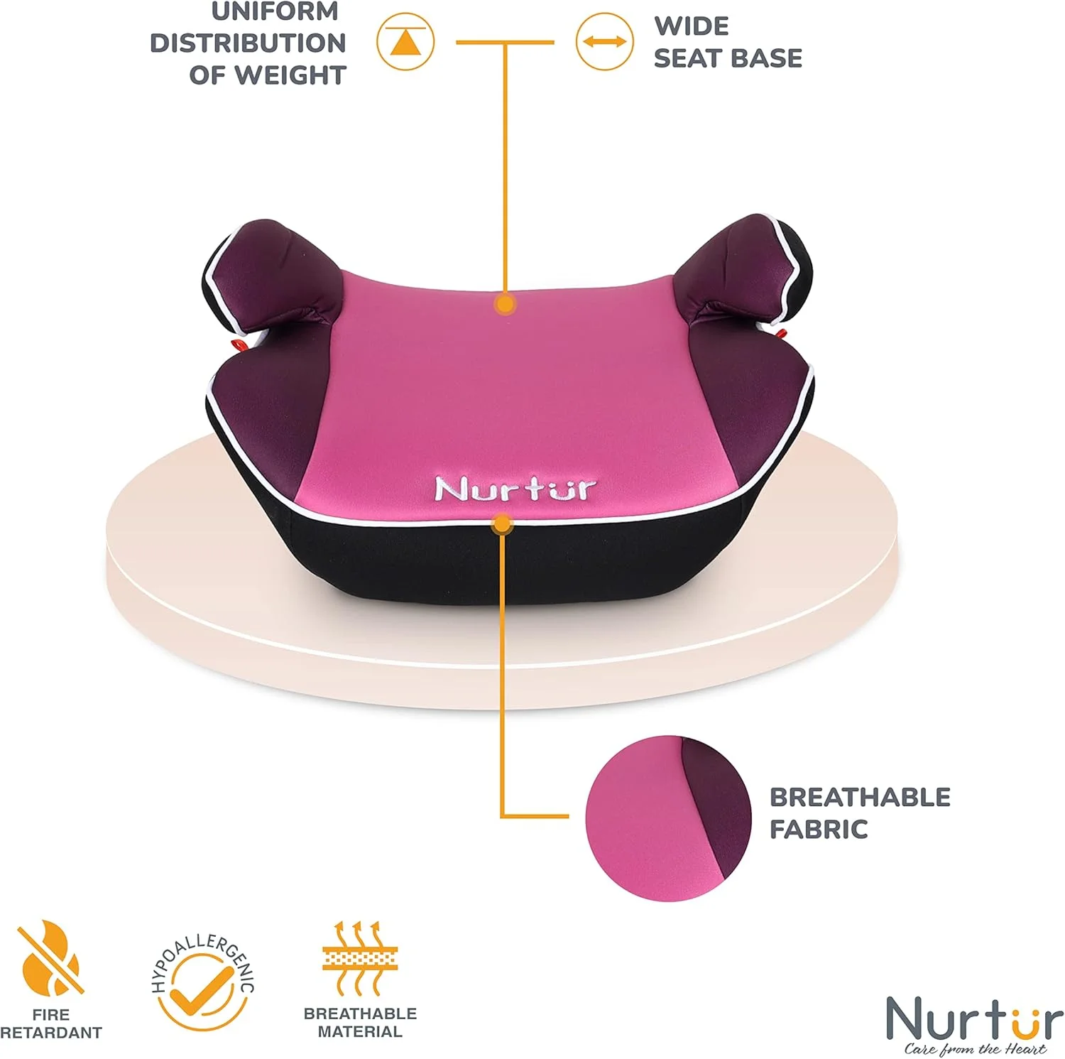 صندلی بوستر کودک Nurtur Nova - دارای تکیه گاه دست - نصب آسان - مناسب برای همه خودروها - پایه پهن و نرم - مناسب برای کودکان 4 تا 12 سال (گروه 2/3) - صورتی