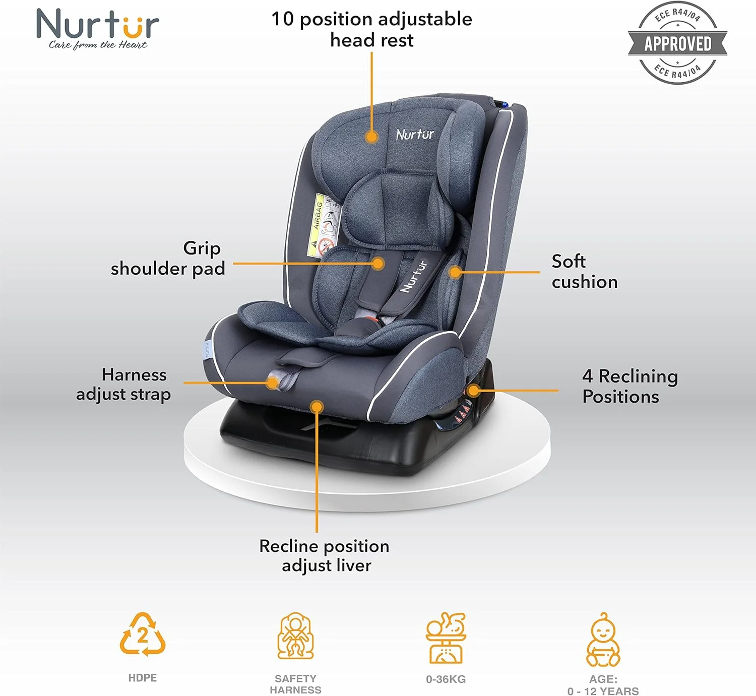 Nurtur Otto Baby/Kids 4-in-1 Car Seat - 4 Position Recline 5-Point Safety Harness – 10 Level Adjustable Headrest, 0 months to 12 years (Group 0+/1/2/3), Upto 36kg - Shiny Grey Nurtur Otto Baby/Kids 4-in-1 Car Seat - 4 Position Recline 5-Point Safety Harness – 10 Level Adjustable Headrest, 0 months to 12 years (Group 0+/1/2/3), Upto 36kg - Shiny Grey