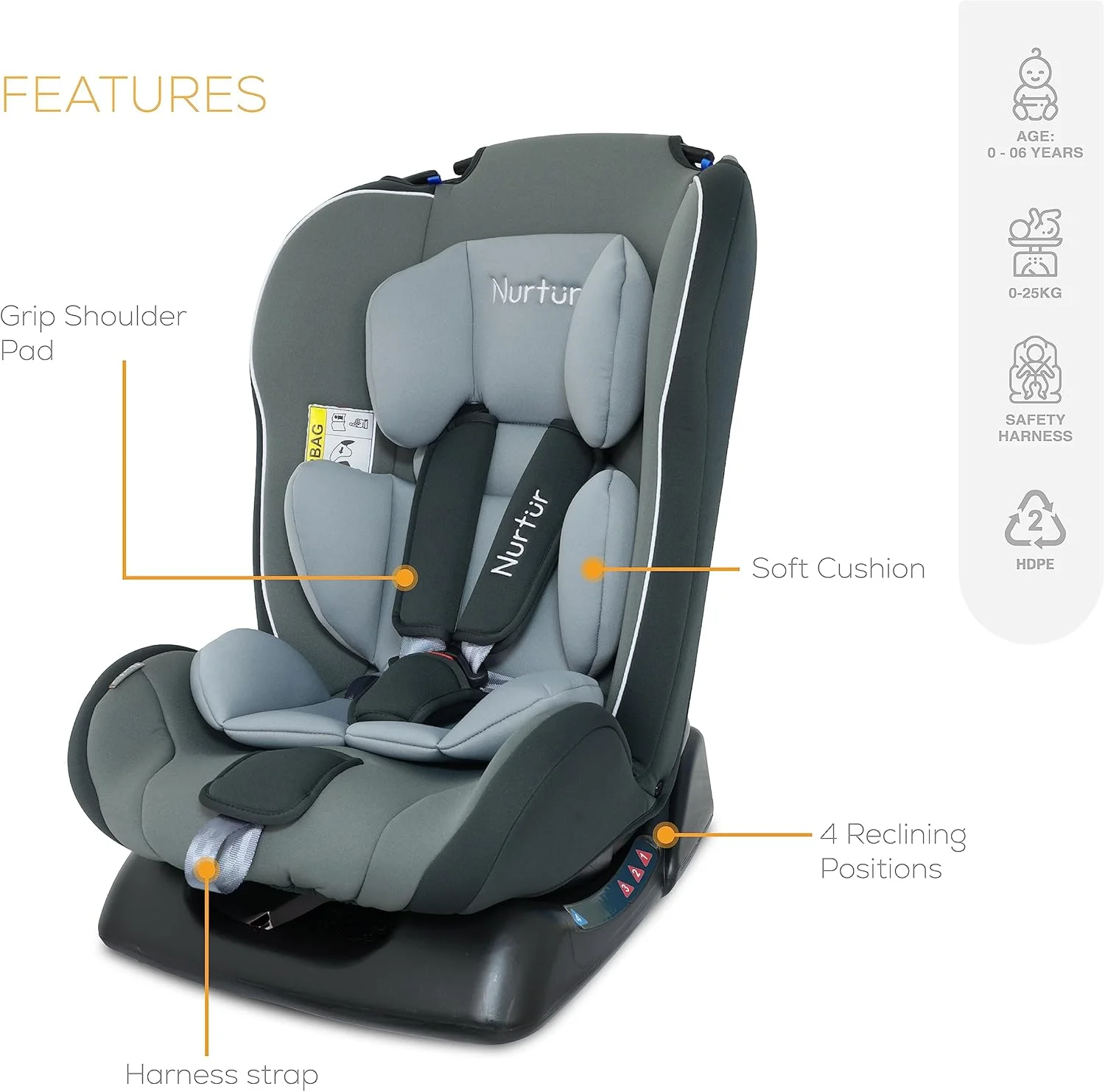 صندلی خودرو نورتر برونو، صندلی تقویتی کودک، با کمربند ایمنی 5 نقطه ای، پشتی سر قابل تنظیم، برای کودکان نوپا، نوزاد، زاویه 143 درجه از 0 ماهگی تا 7 سالگی (گروه 0+/1/2)، تا 25 کیلوگرم