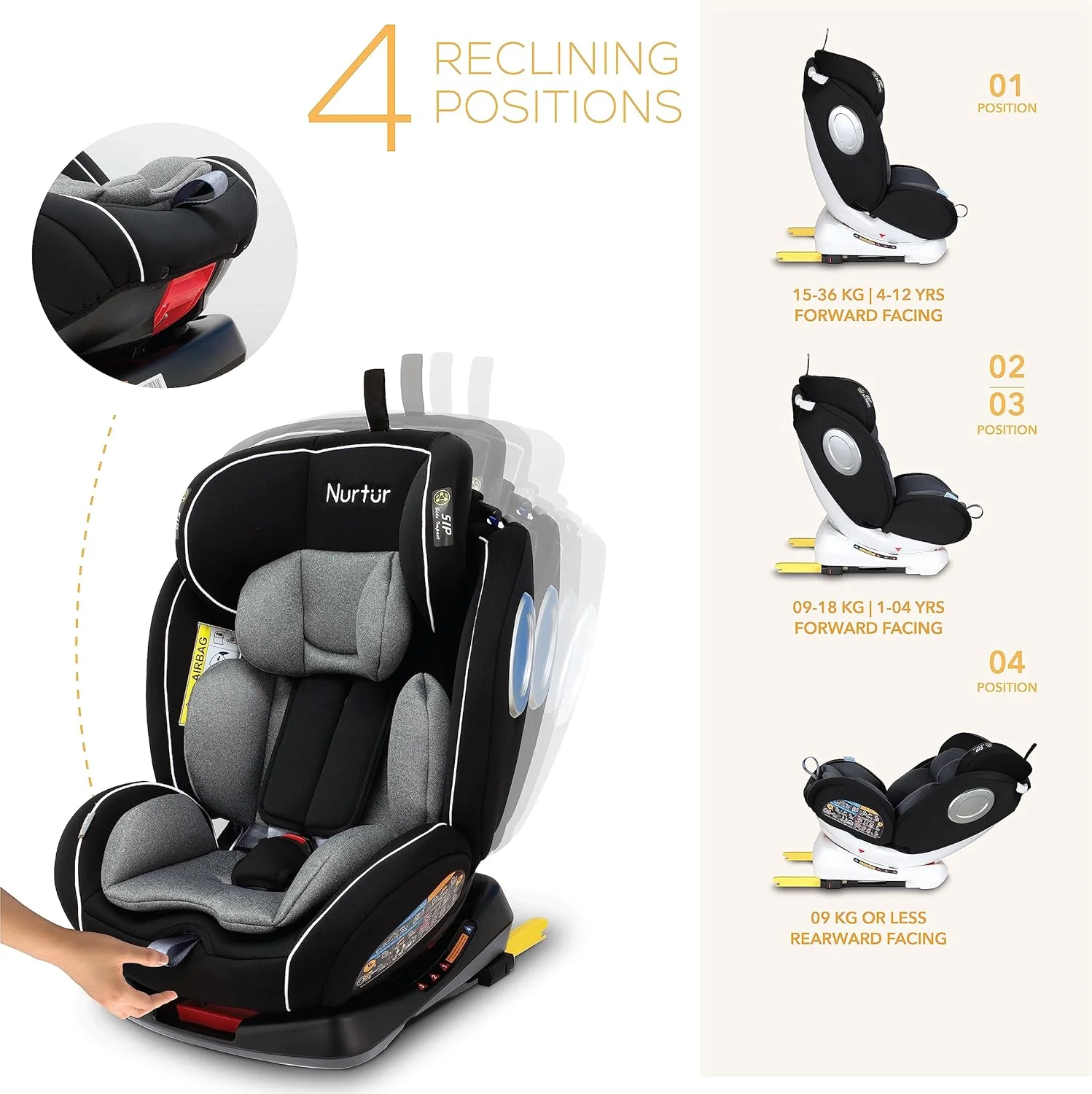 صندلی ماشین کودک/نوزاد 4 در 1 نورتر اولترا - چرخش 360 درجه ISOFIX - تکیه گاه سر و سایبان قابل تنظیم 9 حالته از 0 ماهگی تا 12 سالگی (گروه 0+/1/2/3)، تا 36 کیلوگرم - خاکستری/مشکی