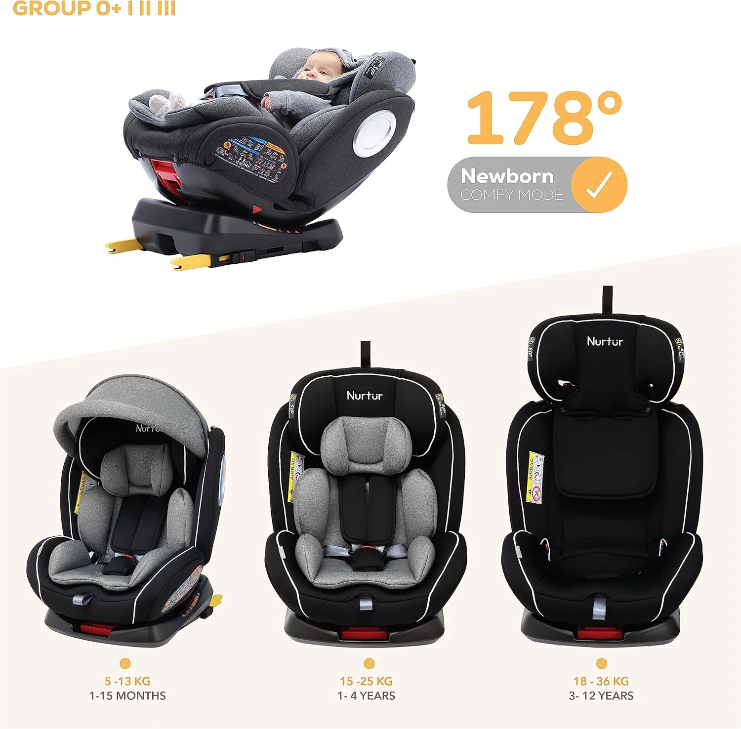 صندلی ماشین کودک/نوزاد 4 در 1 نورتر اولترا - چرخش 360 درجه ISOFIX - تکیه گاه سر و سایبان قابل تنظیم 9 حالته از 0 ماهگی تا 12 سالگی (گروه 0+/1/2/3)، تا 36 کیلوگرم - خاکستری/مشکی