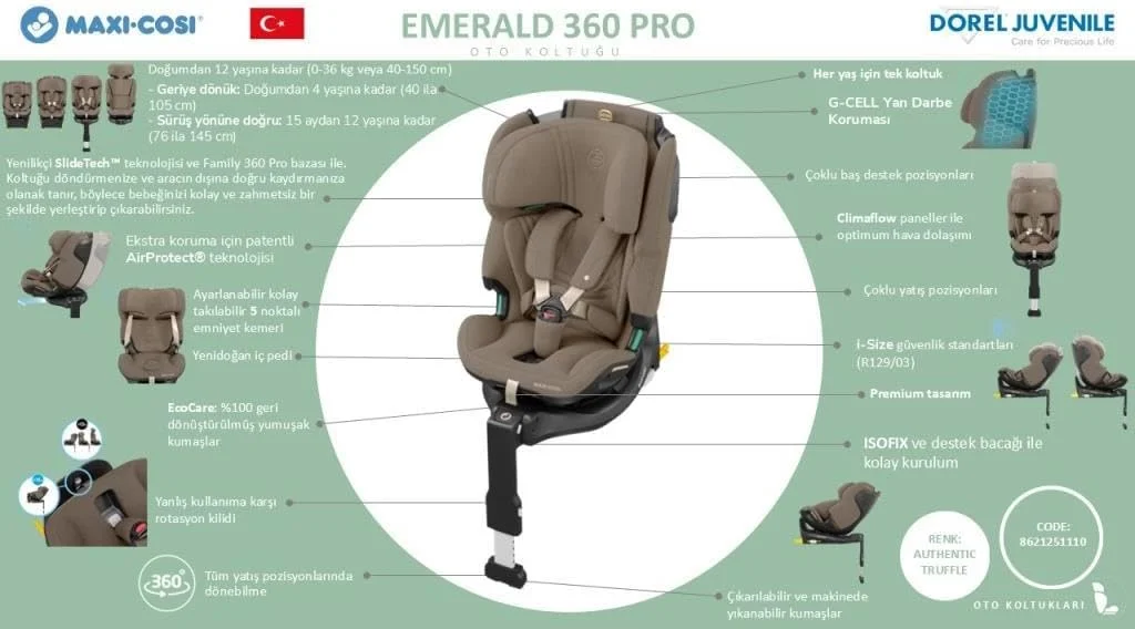 صندلی ماشین کودک مکسی-کوزی امرالد 360 پرو، محافظت جانبی G-CELL، کمربند ایمنی آسان، Climaflow برای کنترل دما، SlideTech، مناسب از 0 تا 12 سال، ترافل اصیل