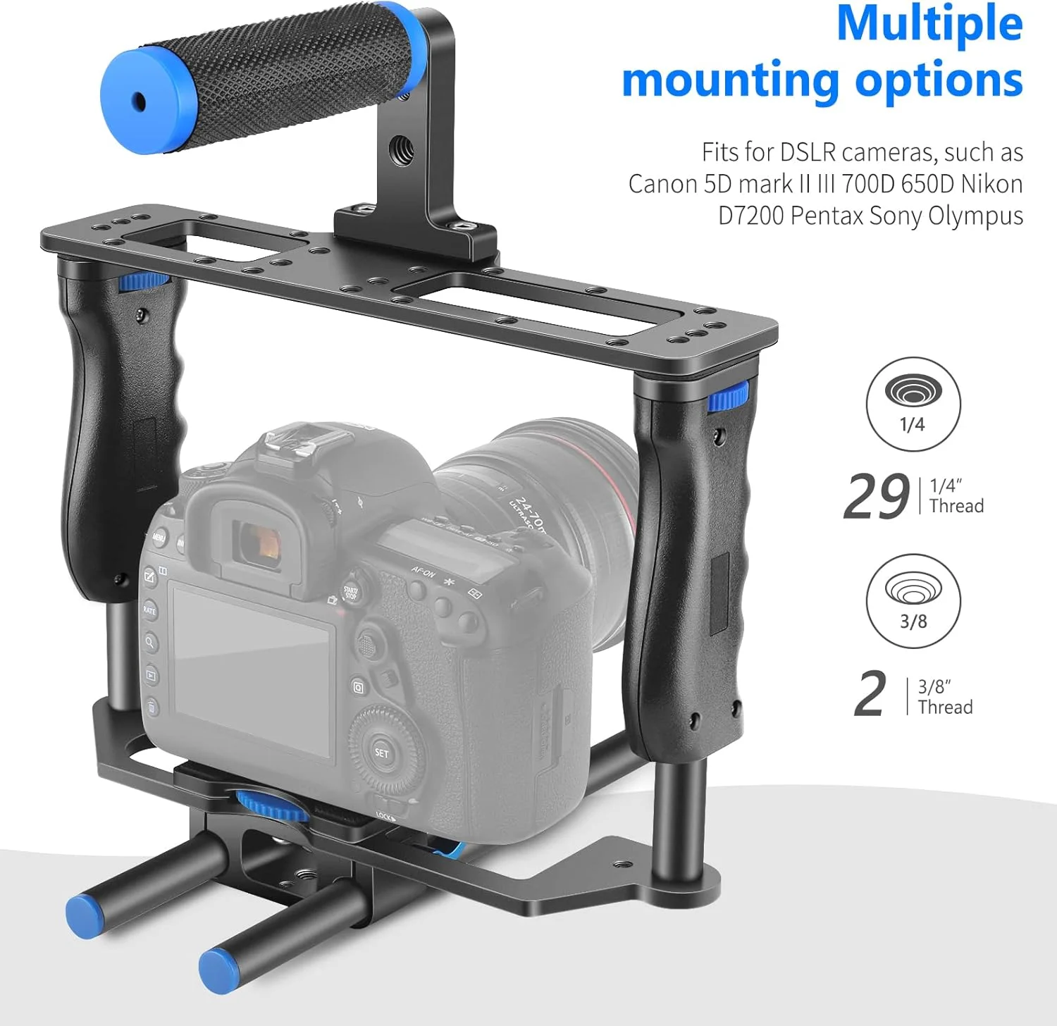 NEEWER Camera Video Cage Film Movie Making Kit, Aluminum Alloy with Top Handle, Dual Hand Grip, Two 15mm Rods, Compatible with Canon Sony Fujifilm Nikon DSLR Camera and Camcorder (Black + Blue) NEEWER Camera Video Cage Film Movie Making Kit, Aluminum Alloy with Top Handle, Dual Hand Grip, Two 15mm Rods, Compatible with Canon Sony Fujifilm Nikon DSLR Camera and Camcorder (Black + Blue)
