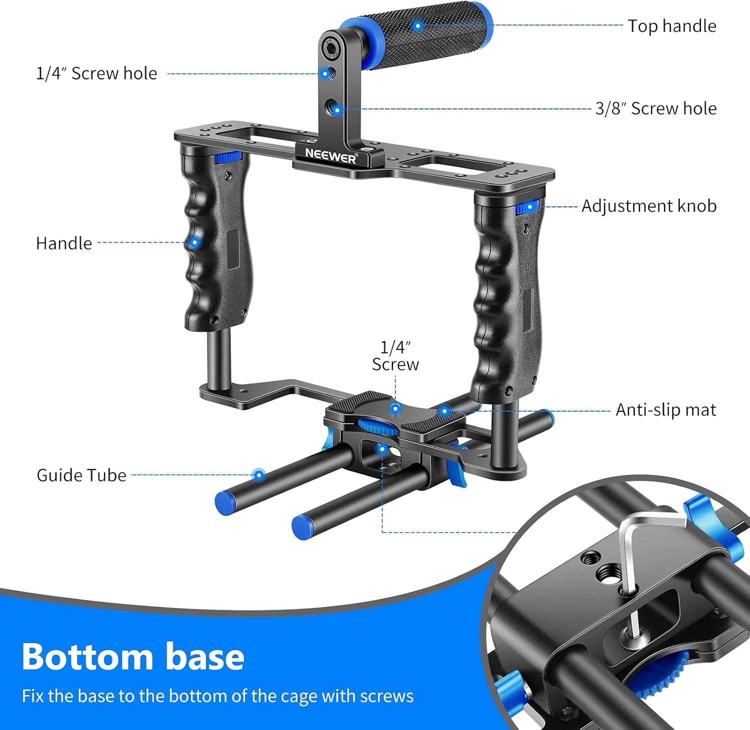 NEEWER Camera Video Cage Film Movie Making Kit, Aluminum Alloy with Top Handle, Dual Hand Grip, Two 15mm Rods, Compatible with Canon Sony Fujifilm Nikon DSLR Camera and Camcorder (Black + Blue) NEEWER Camera Video Cage Film Movie Making Kit, Aluminum Alloy with Top Handle, Dual Hand Grip, Two 15mm Rods, Compatible with Canon Sony Fujifilm Nikon DSLR Camera and Camcorder (Black + Blue)
