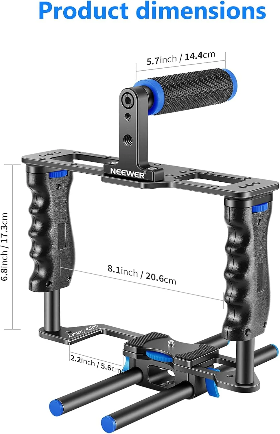 NEEWER Camera Video Cage Film Movie Making Kit, Aluminum Alloy with Top Handle, Dual Hand Grip, Two 15mm Rods, Compatible with Canon Sony Fujifilm Nikon DSLR Camera and Camcorder (Black + Blue) NEEWER Camera Video Cage Film Movie Making Kit, Aluminum Alloy with Top Handle, Dual Hand Grip, Two 15mm Rods, Compatible with Canon Sony Fujifilm Nikon DSLR Camera and Camcorder (Black + Blue)