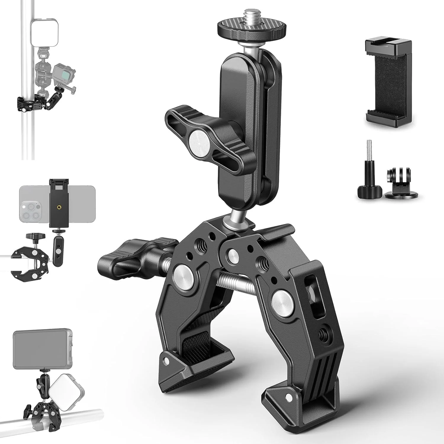 NEEWER ST83 Super Clamp for Plane/Round Surfaces with 3" Dual Ball Head Magic Arm/Cold Shoe/1/4" 3/8" Screw/Smartphone/Action Camera Mount Adapter for Desk Tripod, Tube Cross Bar, Gimbal Rod