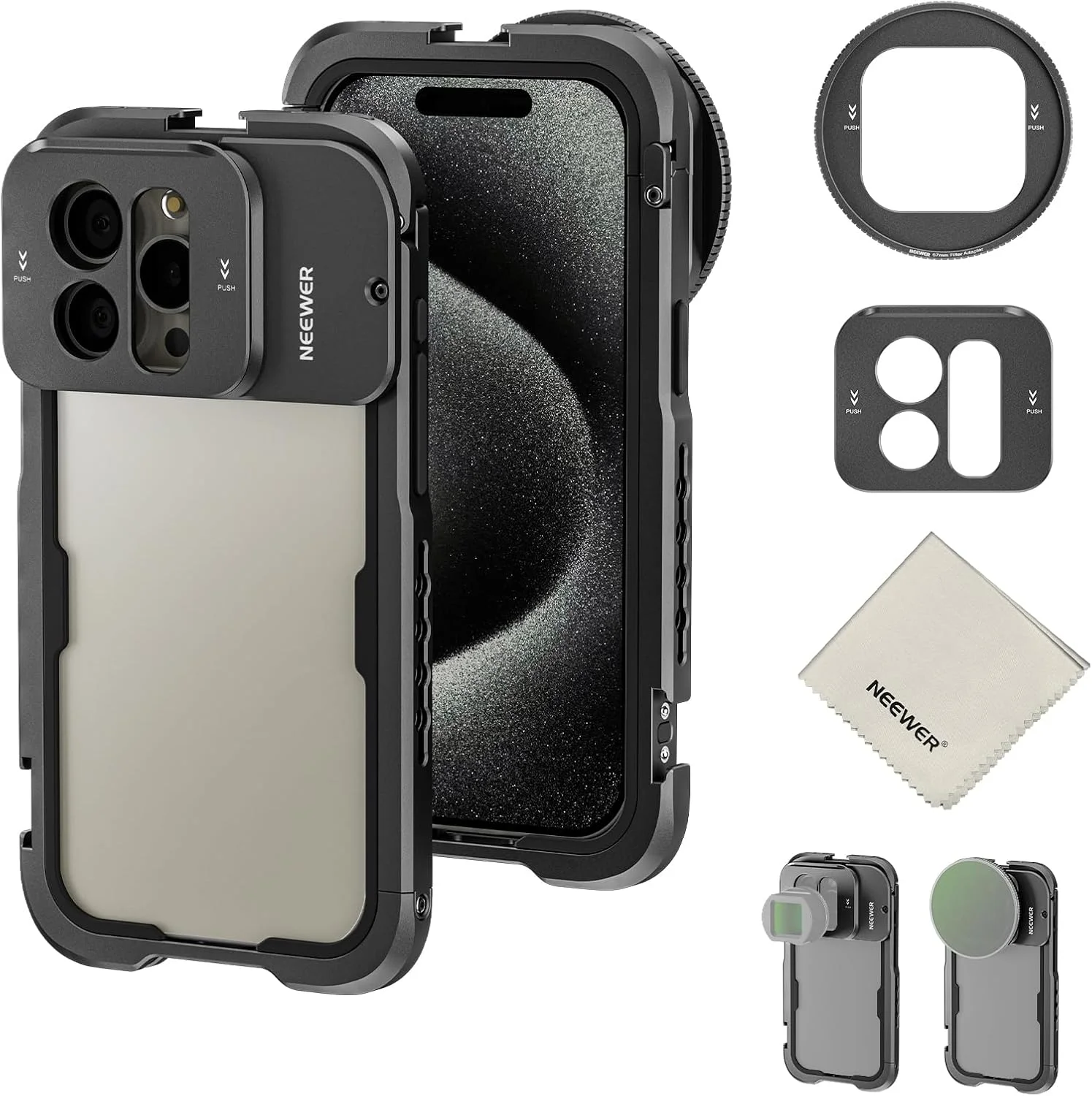 کیج موبایل فیلمبرداری حرفه ای NEEWER 15 Pro Max با آداپتور فیلتر 67 میلی متری Snap On، صفحه پشتی لنز 17 میلی متری، کفشک سرد، مانت سه پایه 1/4 اینچی، پارچه تمیز کننده، تثبیت کننده فلزی تلفن برای ضبط ویدیو TikTok، PA024