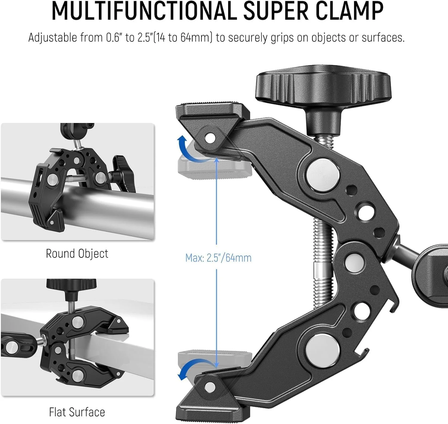 NEEWER ST83 Super Clamp for Plane/Round Surfaces with 3" Dual Ball Head Magic Arm/Cold Shoe/1/4" 3/8" Screw/Smartphone/Action Camera Mount Adapter for Desk Tripod, Tube Cross Bar, Gimbal Rod NEEWER ST83 Super Clamp for Plane/Round Surfaces with 3" Dual Ball Head Magic Arm/Cold Shoe/1/4" 3/8" Screw/Smartphone/Action Camera Mount Adapter for Desk Tripod, Tube Cross Bar, Gimbal Rod