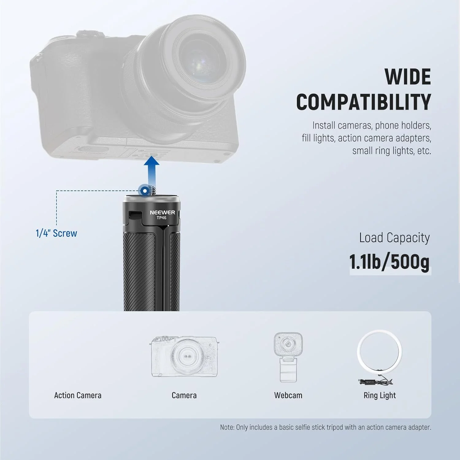 سه پایه سلفی استیک پایه NEEWER BASIC برای دوربین DSLR، دوربین اکشن، وب کم، لوازم جانبی پایه رومیزی کوچک برای ضبط ویدیو، سازگار با GoPro Hero 13 12 Insta360 DJI Osmo Action 5 Pro AKASO EK7000 Brave 4 7، TP46
