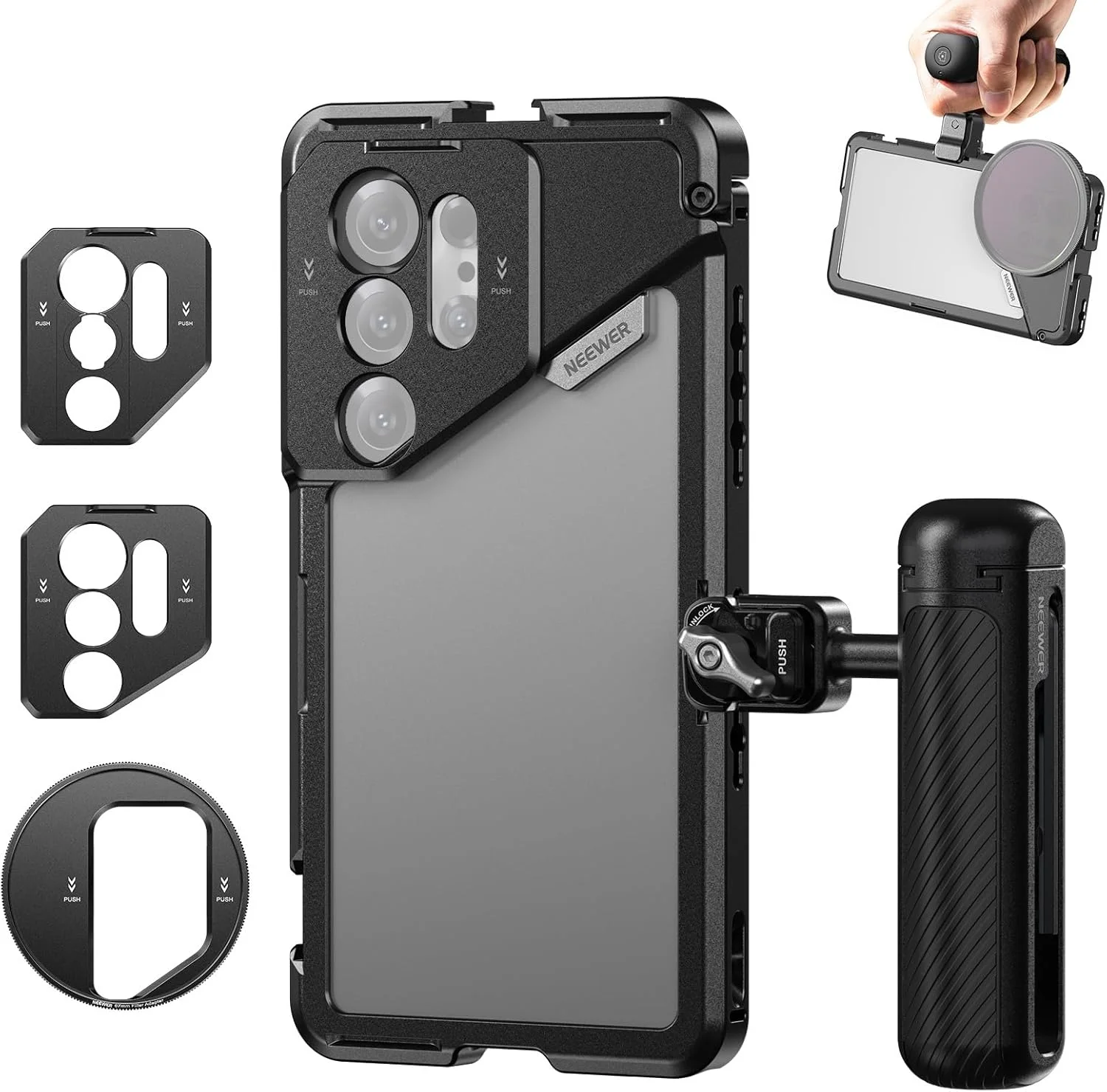 کیج گوشی NEEWER S25 Ultra، استابلایزر موبایل مدل PA082 برای ضبط ویدیو به همراه دستگیره جانبی بلوتوثی PA045E، آداپتور فیلتر 67 میلی‌متری، صفحه پشتی لنز 17 میلی‌متری و مانت T سازگار با Moment