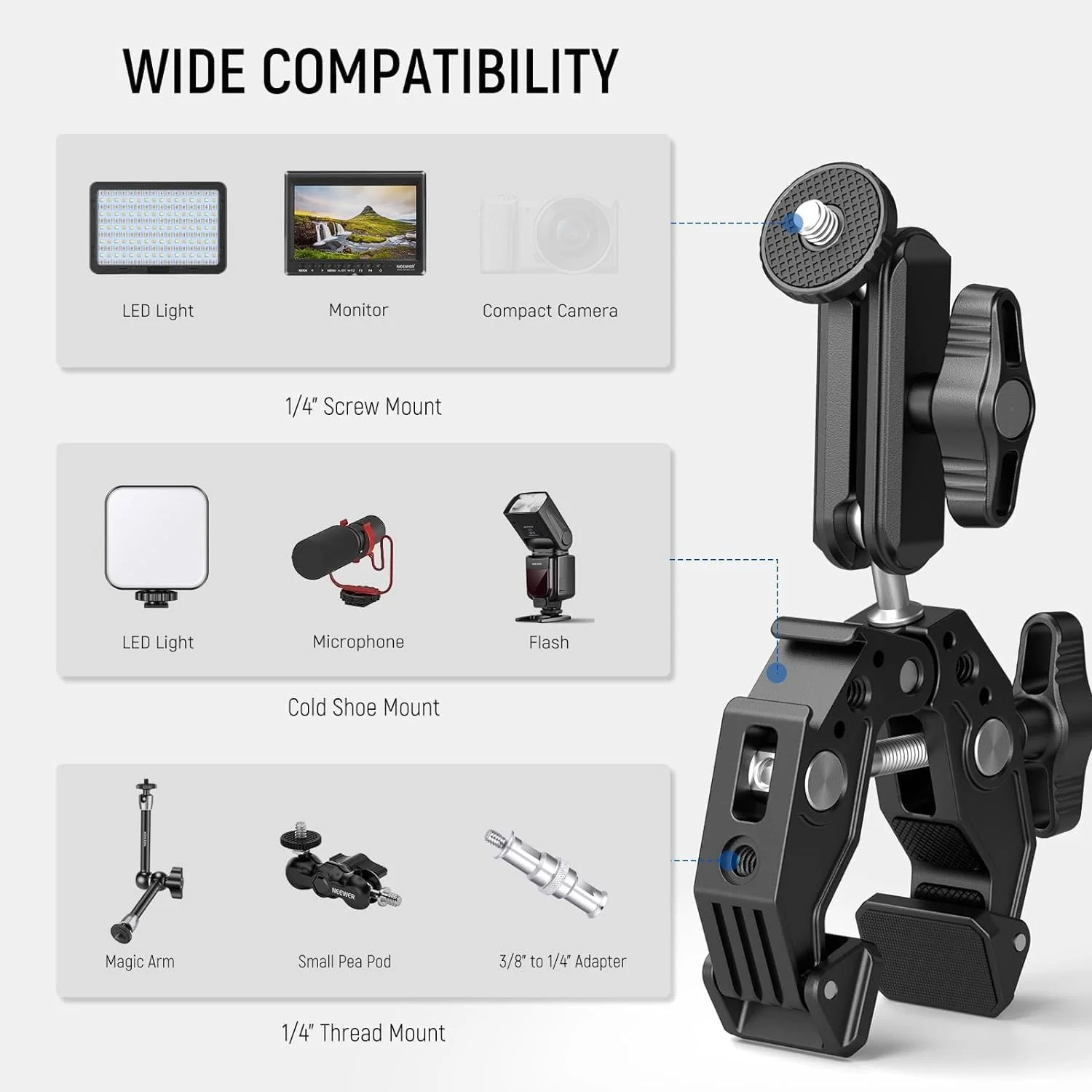 NEEWER ST83 Super Clamp for Plane/Round Surfaces with 3" Dual Ball Head Magic Arm/Cold Shoe/1/4" 3/8" Screw/Smartphone/Action Camera Mount Adapter for Desk Tripod, Tube Cross Bar, Gimbal Rod NEEWER ST83 Super Clamp for Plane/Round Surfaces with 3" Dual Ball Head Magic Arm/Cold Shoe/1/4" 3/8" Screw/Smartphone/Action Camera Mount Adapter for Desk Tripod, Tube Cross Bar, Gimbal Rod