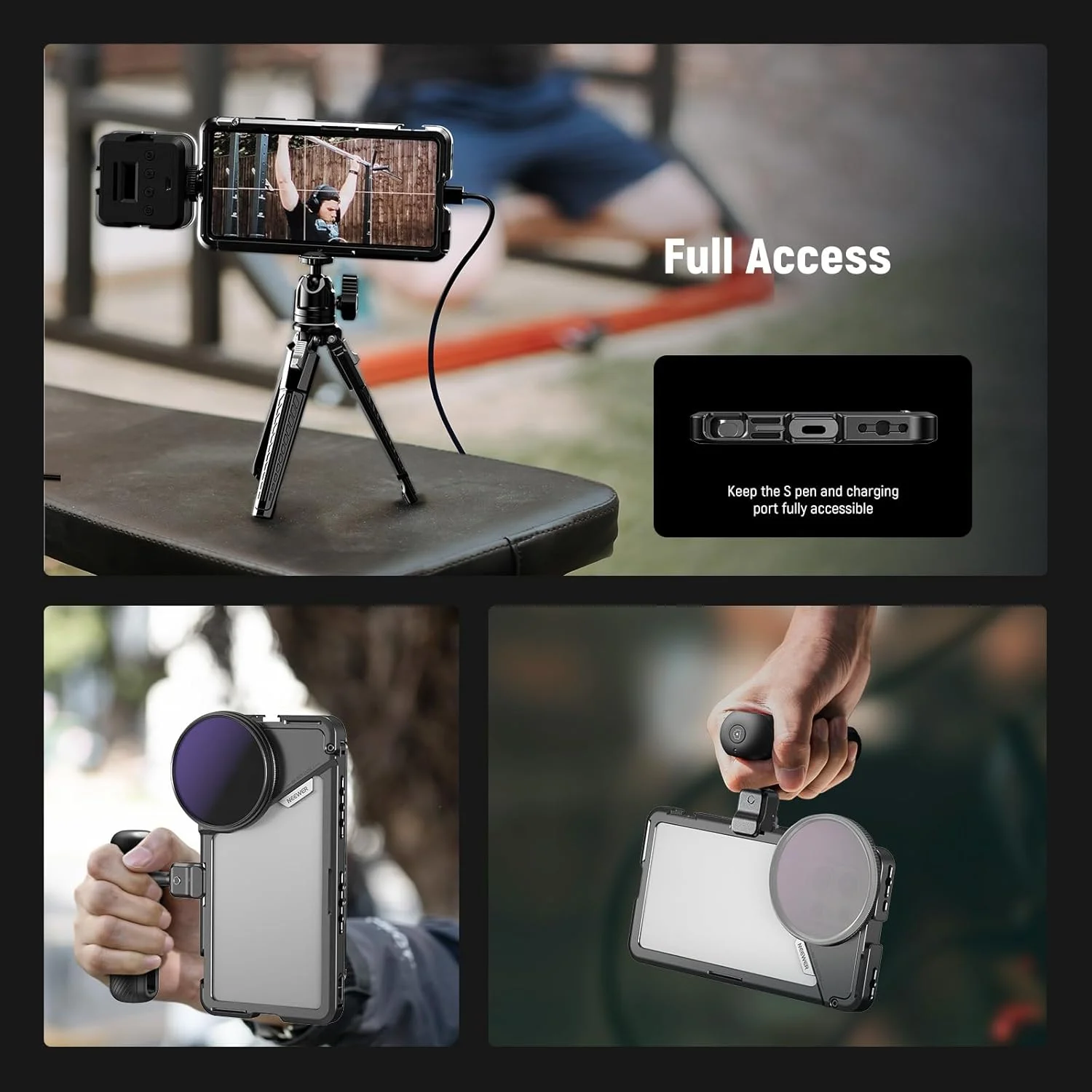 کیج گوشی NEEWER S25 Ultra، استابلایزر موبایل مدل PA082 برای ضبط ویدیو به همراه دستگیره جانبی بلوتوثی PA045E، آداپتور فیلتر 67 میلیمتری، صفحه پشتی لنز 17 میلیمتری و مانت T سازگار با Moment کیج گوشی NEEWER S25 Ultra، استابلایزر موبایل مدل PA082 برای ضبط ویدیو به همراه دستگیره جانبی بلوتوثی PA045E، آداپتور فیلتر 67 میلیمتری، صفحه پشتی لنز 17 میلیمتری و مانت T سازگار با Moment