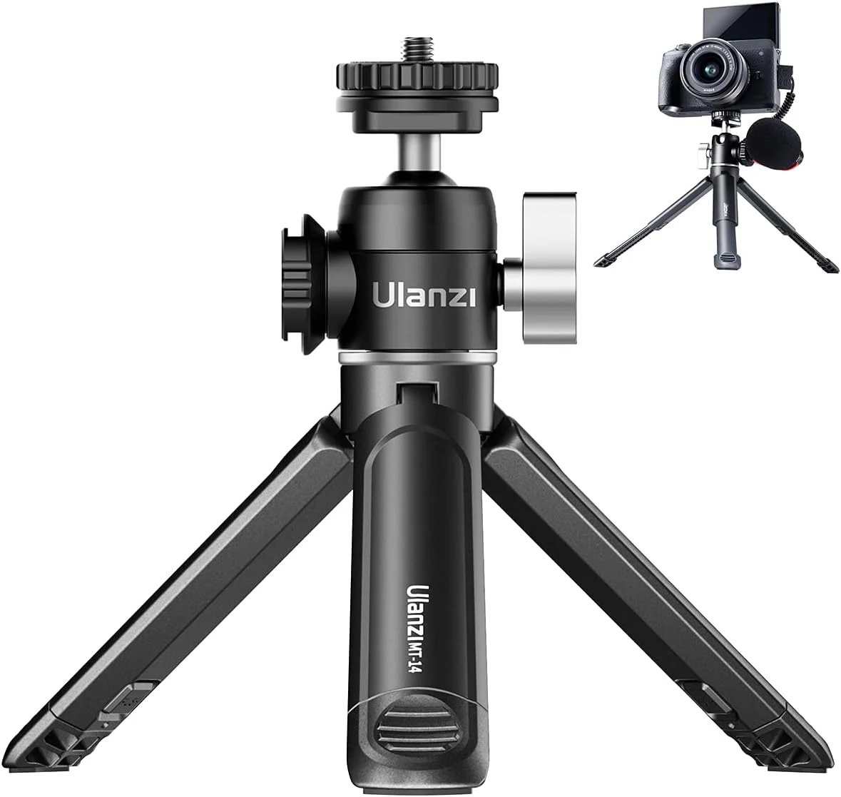 سه پایه جمع و جور دوربین Ulanzi U-Vlog lite Mini با دسته و هد توپی فلزی چرخان 360 درجه و مانت کفشک سرد، پایه های رومیزی مسافرتی قابل افزایش طول برای دوربین های DSRL و فیلمبرداری