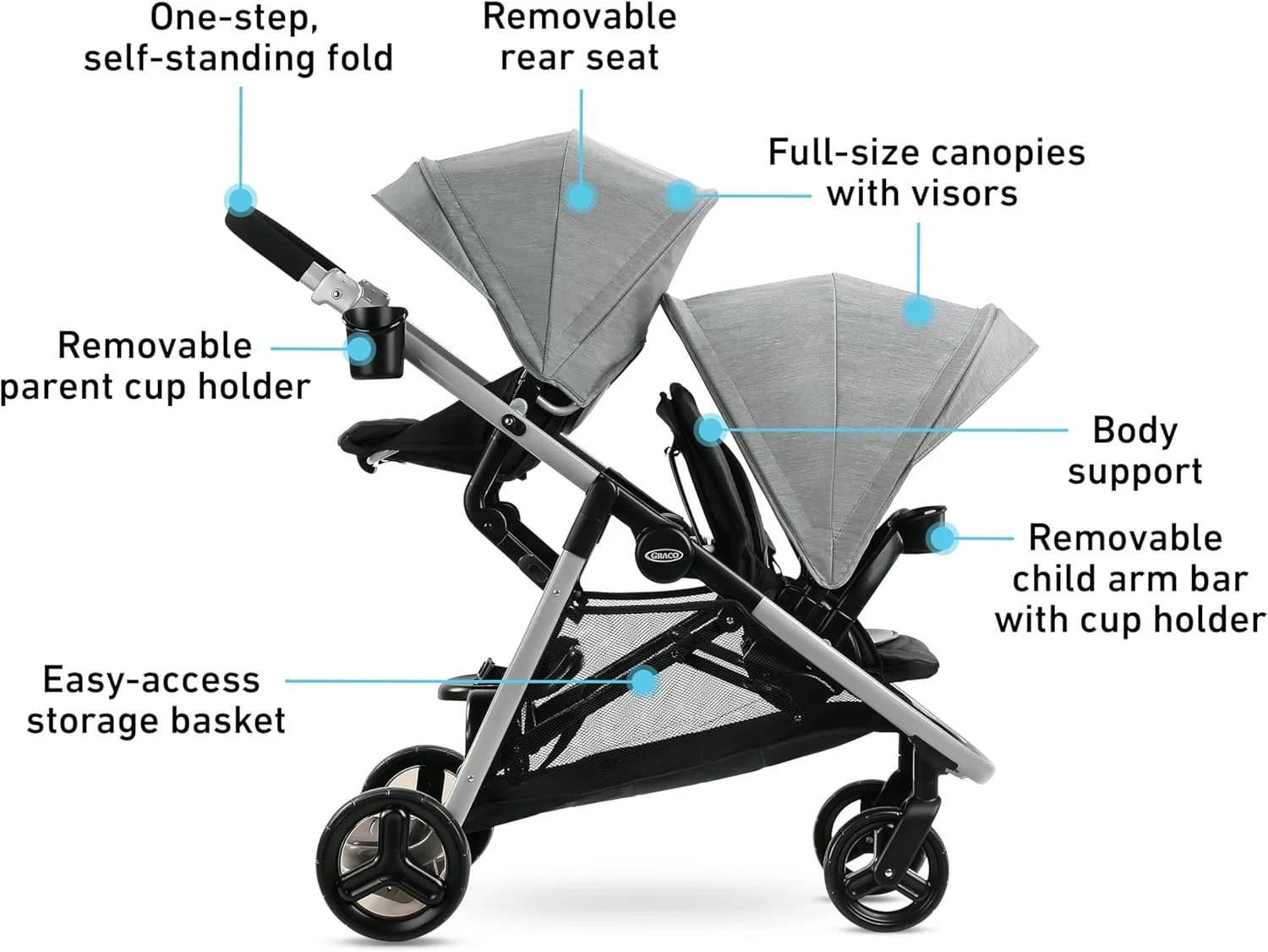 Graco Ready2Grow LX 2.0 Double Stroller Features Bench Seat and Standing Platform Options, Clark Graco Ready2Grow LX 2.0 Double Stroller Features Bench Seat and Standing Platform Options, Clark