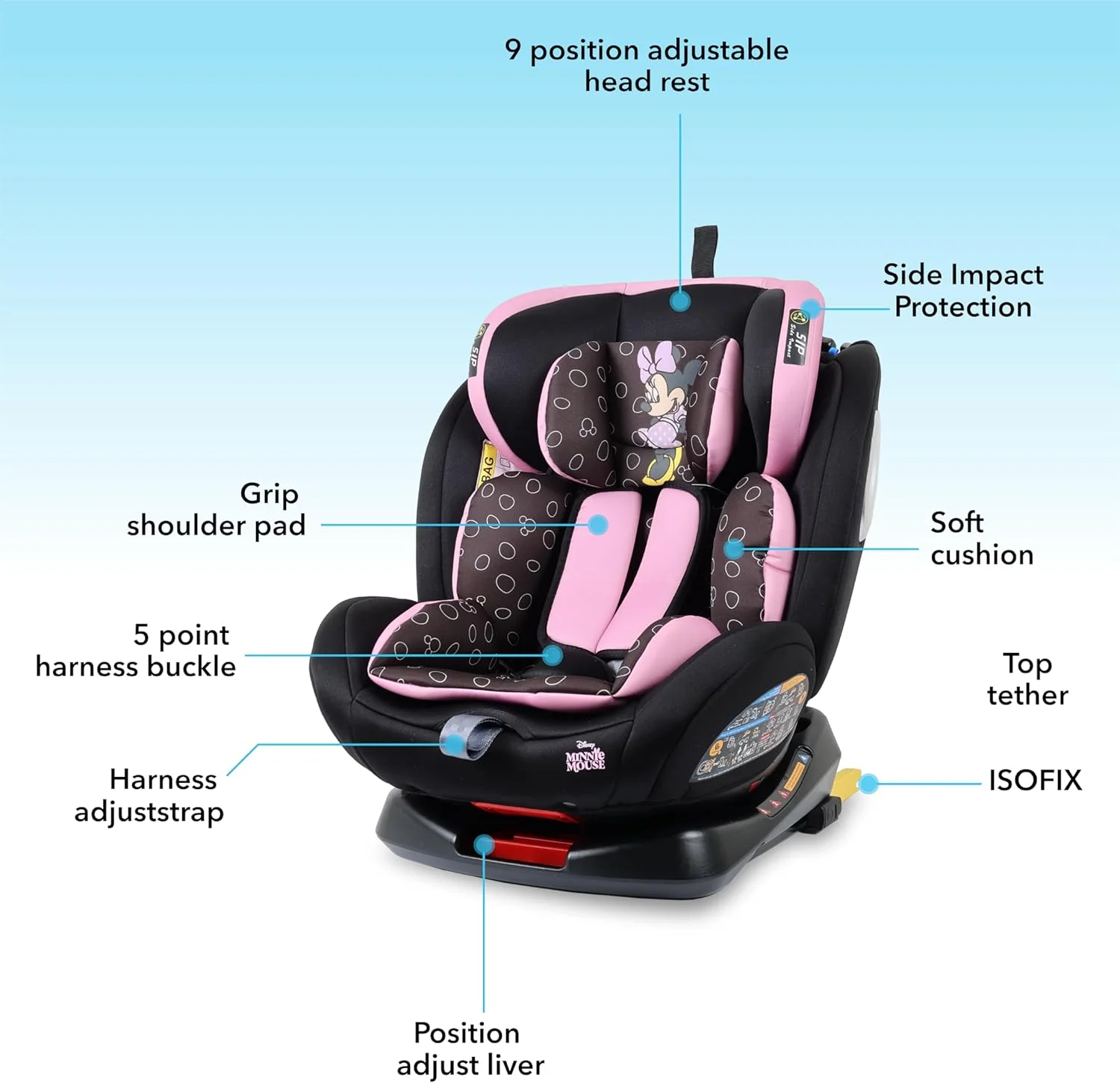 صندلی ماشین کودک دیزنی مینی موس 4 در 1 با چرخش 360 درجه و 4 حالت خوابیده، محافظ جانبی ایزوفیکس، مناسب از 0 ماهگی تا 12 سالگی، گروه 0+/1/2/3، تا 36 کیلوگرم، محصول رسمی دیزنی، چند رنگ