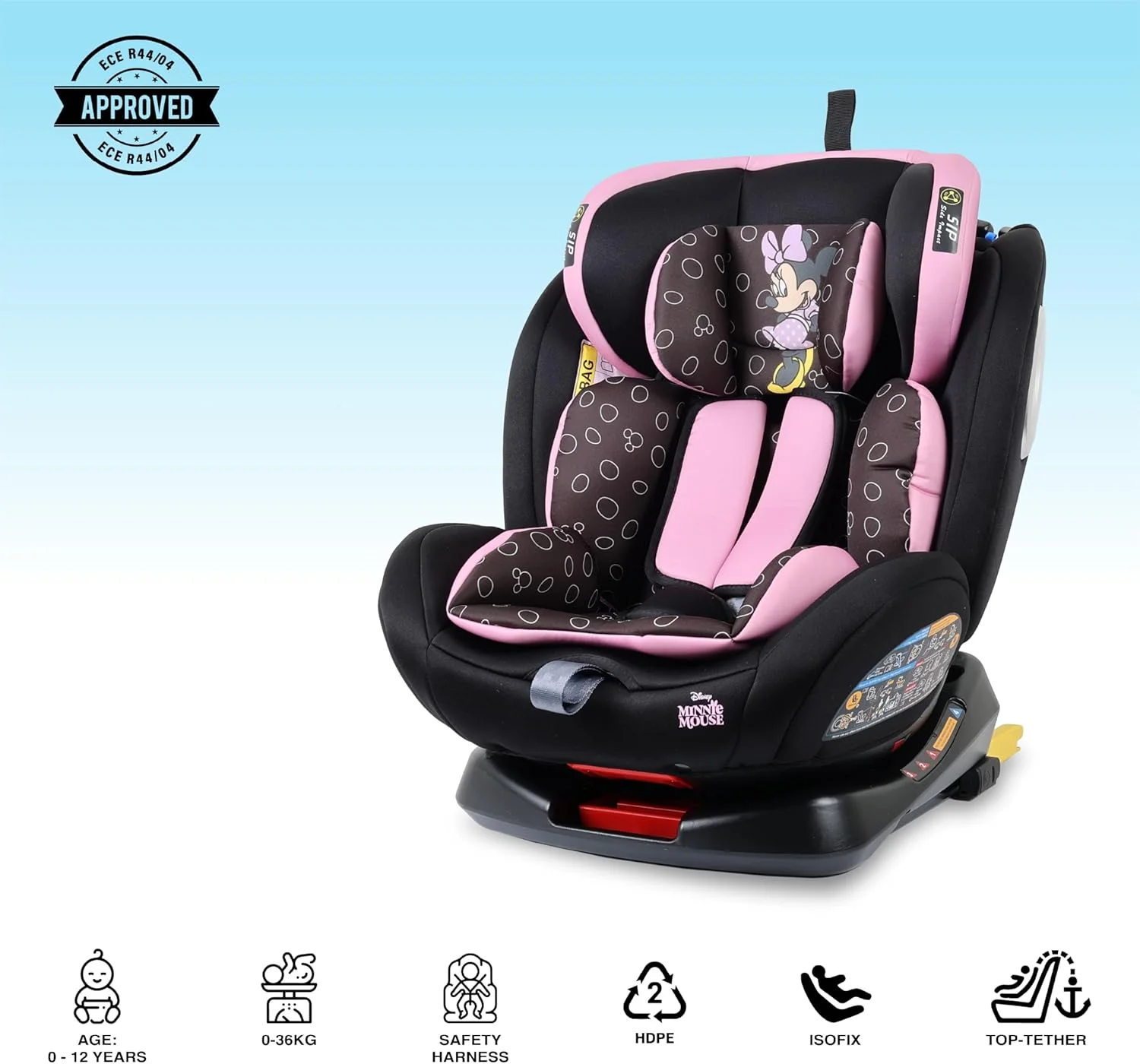 صندلی ماشین کودک دیزنی مینی موس 4 در 1 با چرخش 360 درجه و 4 حالت خوابیده، محافظ جانبی ایزوفیکس، مناسب از 0 ماهگی تا 12 سالگی، گروه 0+/1/2/3، تا 36 کیلوگرم، محصول رسمی دیزنی، چند رنگ