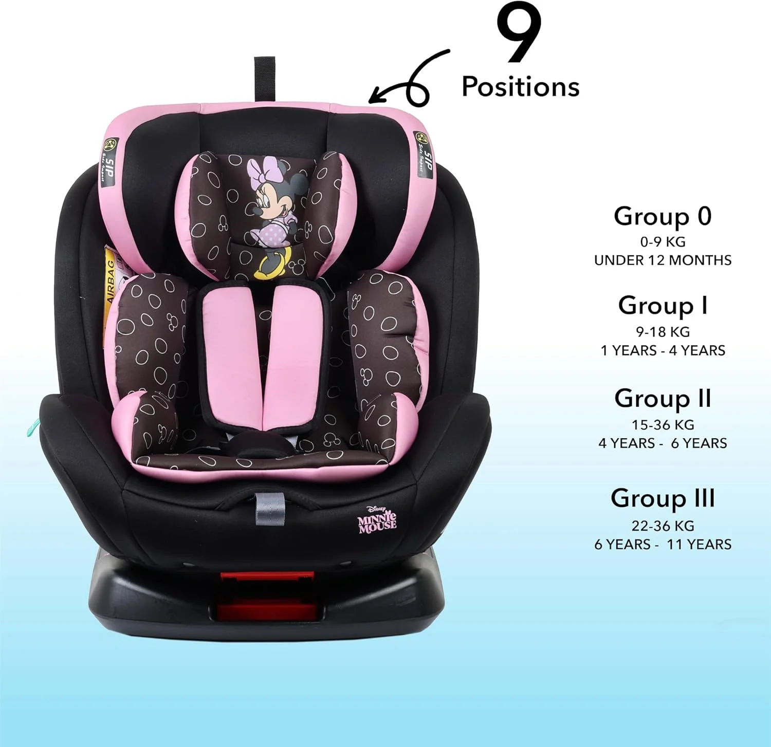 صندلی ماشین کودک دیزنی مینی موس 4 در 1 با چرخش 360 درجه و 4 حالت خوابیده، محافظ جانبی ایزوفیکس، مناسب از 0 ماهگی تا 12 سالگی، گروه 0+/1/2/3، تا 36 کیلوگرم، محصول رسمی دیزنی، چند رنگ