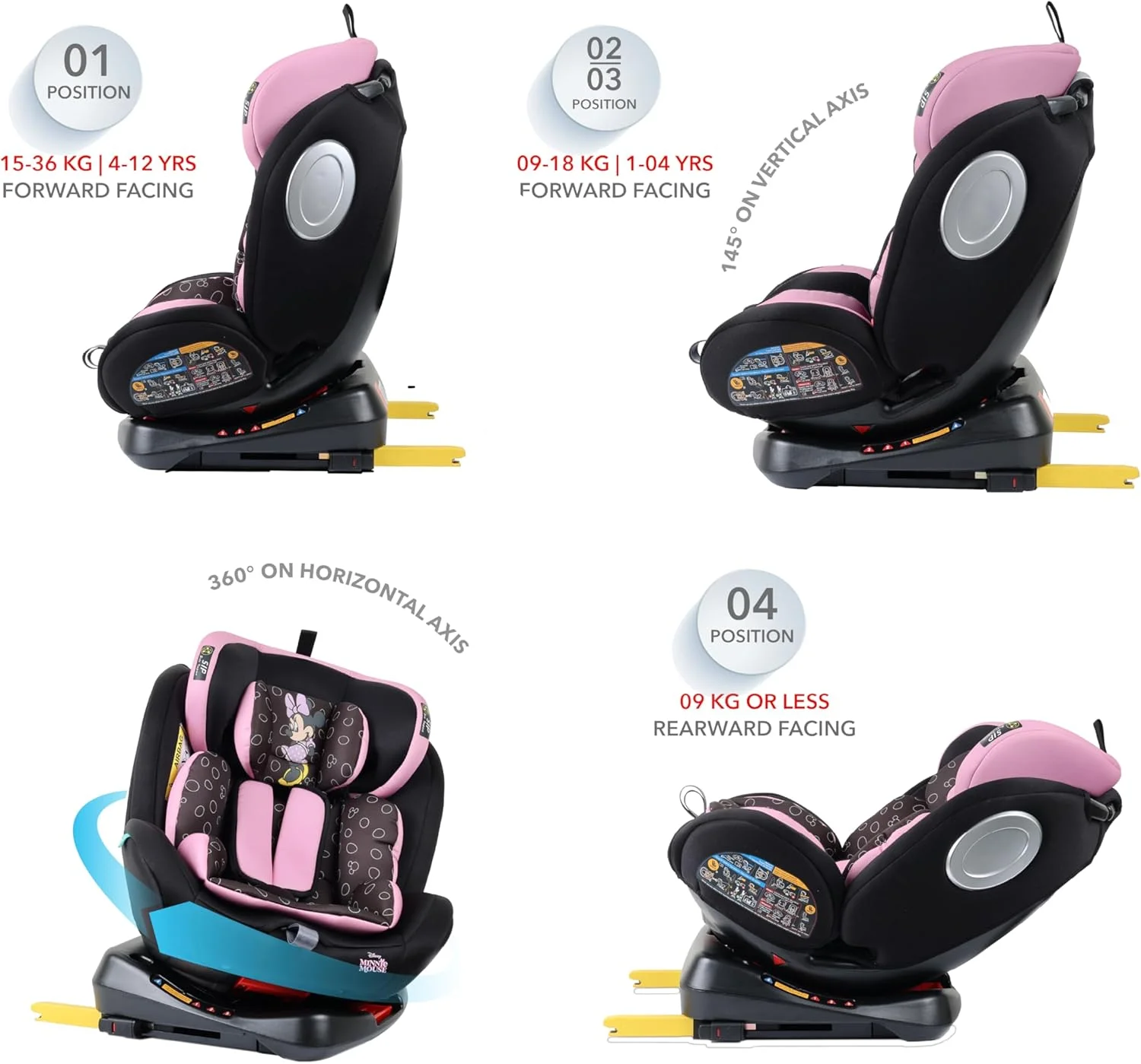 صندلی ماشین کودک دیزنی مینی موس 4 در 1 با چرخش 360 درجه و 4 حالت خوابیده، محافظ جانبی ایزوفیکس، مناسب از 0 ماهگی تا 12 سالگی، گروه 0+/1/2/3، تا 36 کیلوگرم، محصول رسمی دیزنی، چند رنگ