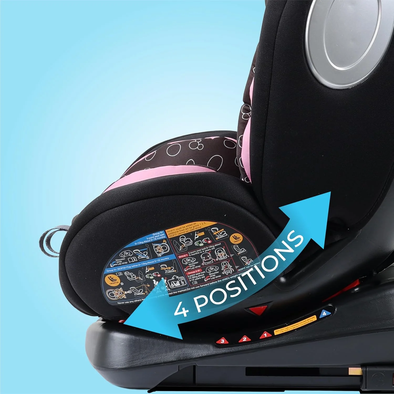 صندلی ماشین کودک دیزنی مینی موس 4 در 1 با چرخش 360 درجه و 4 حالت خوابیده، محافظ جانبی ایزوفیکس، مناسب از 0 ماهگی تا 12 سالگی، گروه 0+/1/2/3، تا 36 کیلوگرم، محصول رسمی دیزنی، چند رنگ