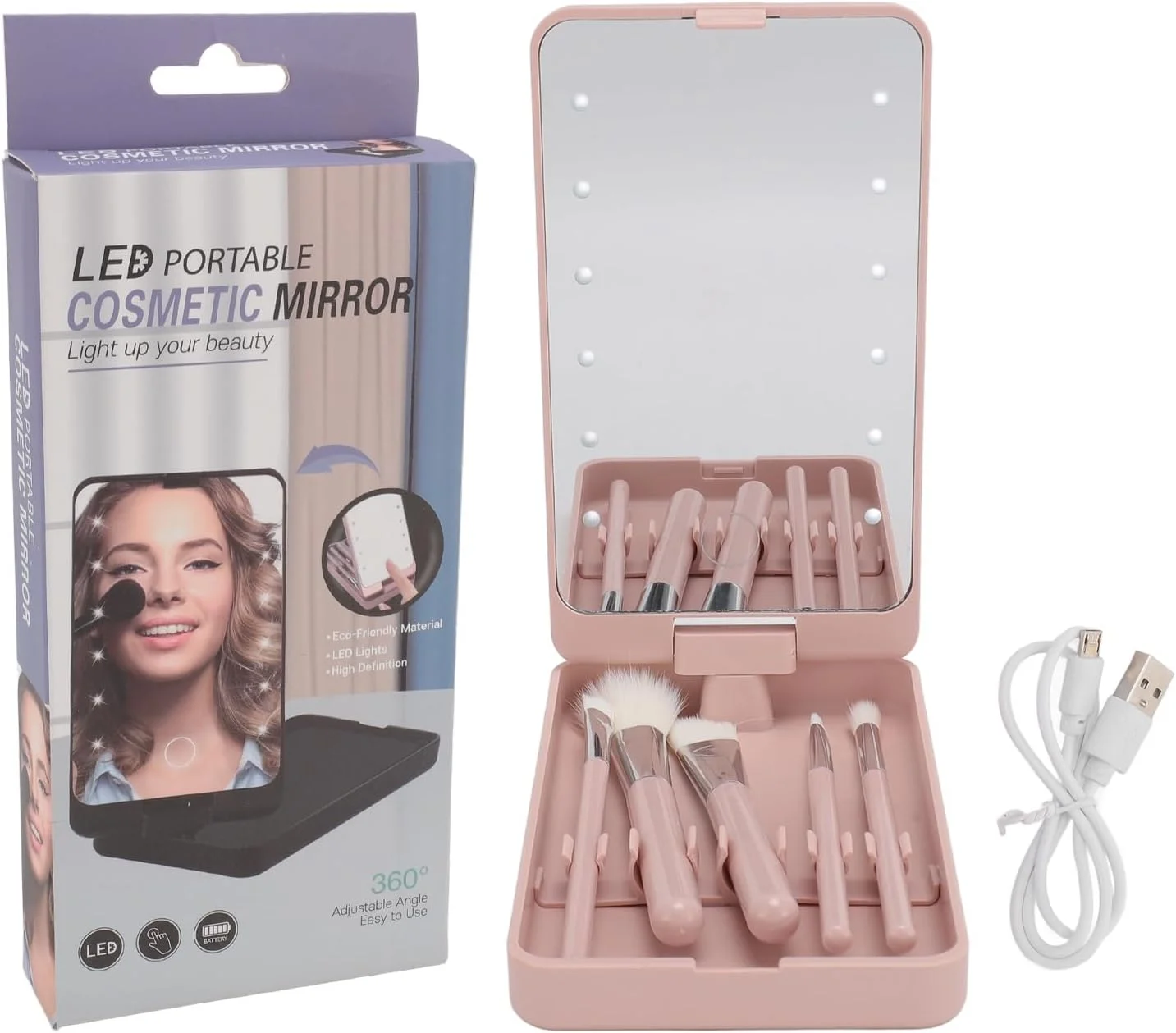 ست برس آرایشی مسافرتی شامل برس های کرم پودر، کانسیلر، سایه چشم به همراه آینه LED دار، 5 عدد برس مینی ست برس آرایشی مسافرتی شامل برس های کرم پودر، کانسیلر، سایه چشم به همراه آینه LED دار، 5 عدد برس مینی