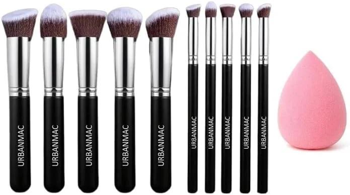 ست برس آرایشی 10 تکه URBAN MAC، ابزار حرفه ای برای کرم پودر، خط چشم، سایه چشم (مشکی) به همراه پد اسفنجی (رنگ ممکن است متفاوت باشد)