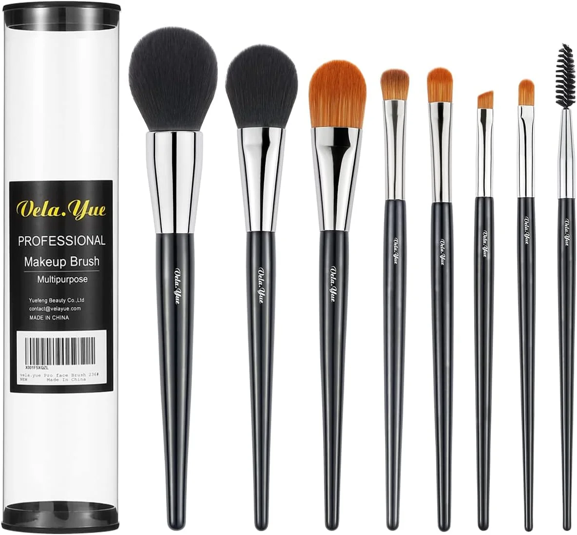 ست برس آرایشی Vela.Yue، ۸ تکه، نرم، شامل برس پودر، کرم پودر، رژگونه، کانسیلر، سایه چشم، خط چشم، مژه، ابرو و براق کننده لب، کیت ابزار حرفه ای زیبایی