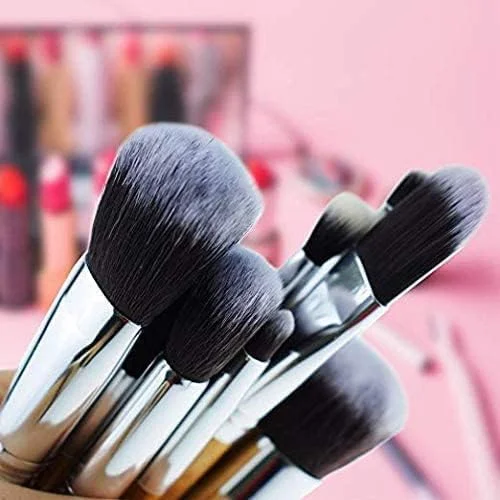 ست برس آرایشی کابوکی ممتاز VNZ، شامل برس های پودر صورت، رژگونه، سایه چشم، اسفنج بلندر و تمیز کننده برس - ست برس آرایشی (10 تکه، مشکی/نقره ای)