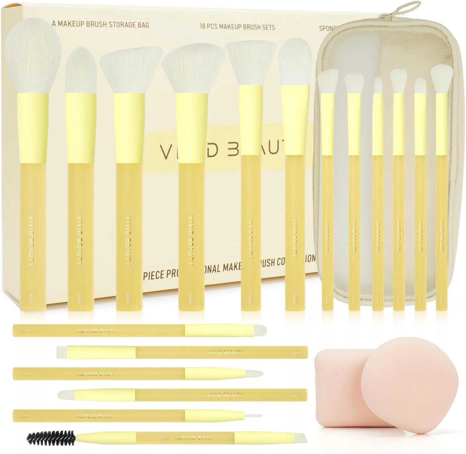 ست برس آرایشی 18 عددی رنگارنگ VIVID BEAUTY با اسفنج آرایشی و کیف آرایش - ست برس حرفه ای کابوکی، برس کرم پودر، برس کانسیلر، جعبه هدیه برای دوستداران آرایش (زرد)