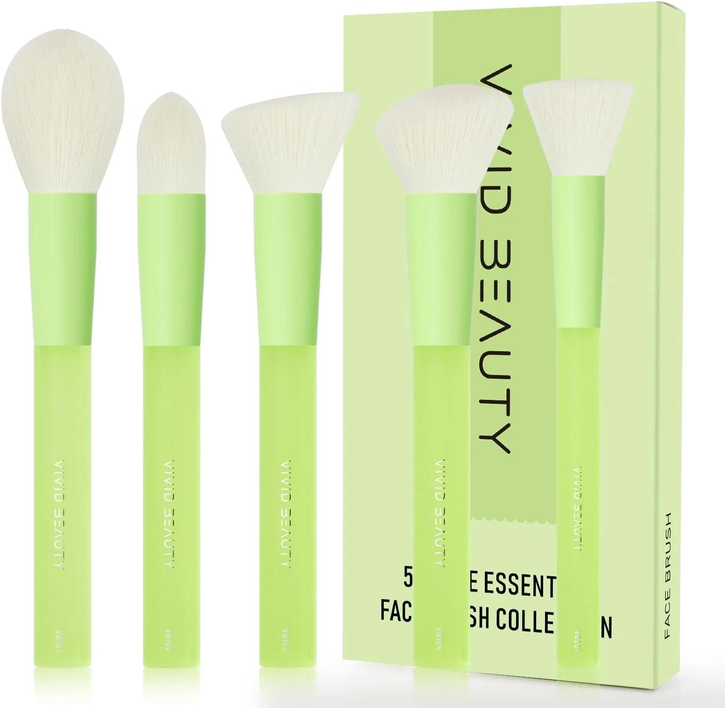 ست برس آرایشی صورت 5 تکه Vivid Beauty، موهای نرم وگان برای پوستی بی عیب و نقص - برس رژگونه، کرم پودر، کانتور، هایلایتر - ست برس آرایشی بدون تست حیوانی (سبز)