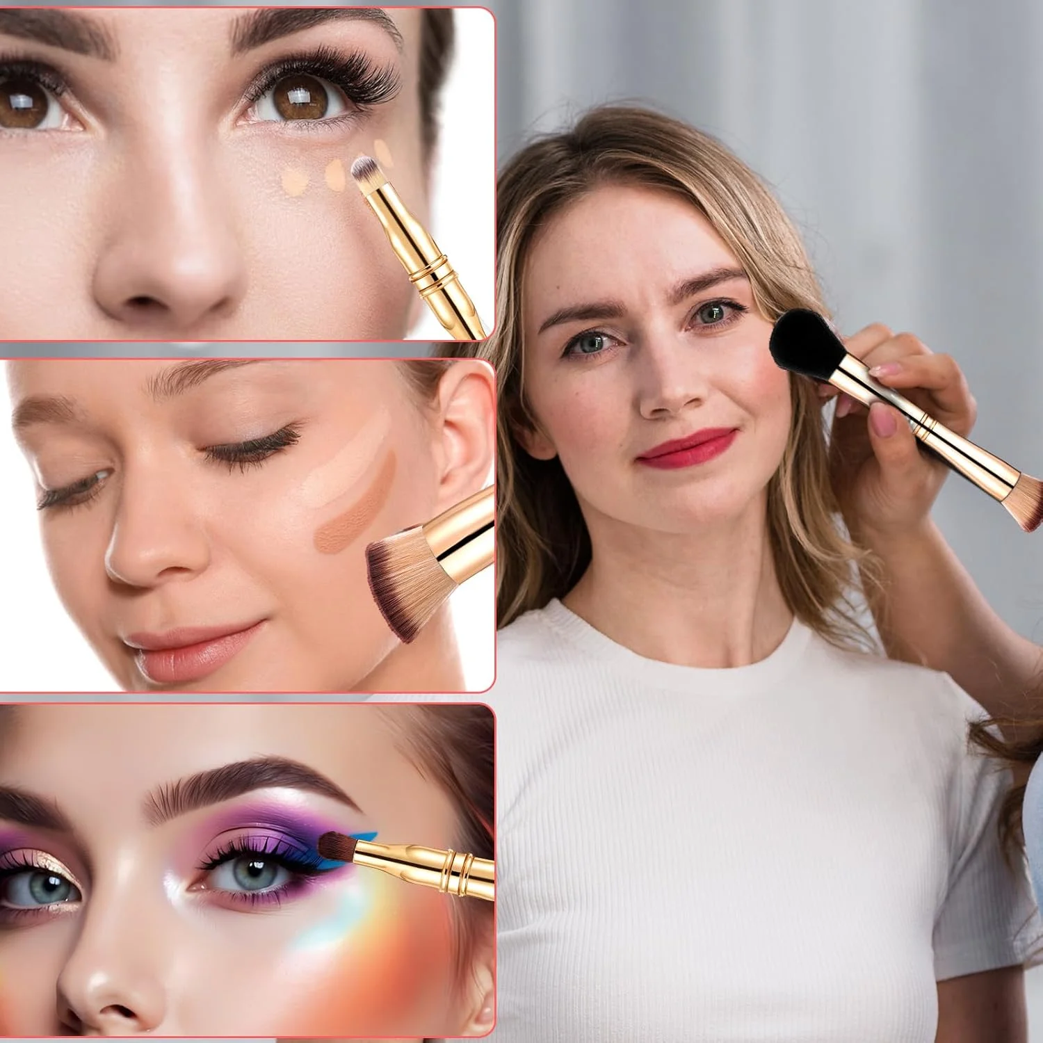 ست برس آرایشی مسافرتی 4 در 1 با کیف، برس آرایشی مینی دو طرفه سایز مسافرتی، برس کرم پودر/رژگونه، برس سایه چشم، برس کانسیلر برای آرایش (طلایی) ست برس آرایشی مسافرتی 4 در 1 با کیف، برس آرایشی مینی دو طرفه سایز مسافرتی، برس کرم پودر/رژگونه، برس سایه چشم، برس کانسیلر برای آرایش (طلایی)