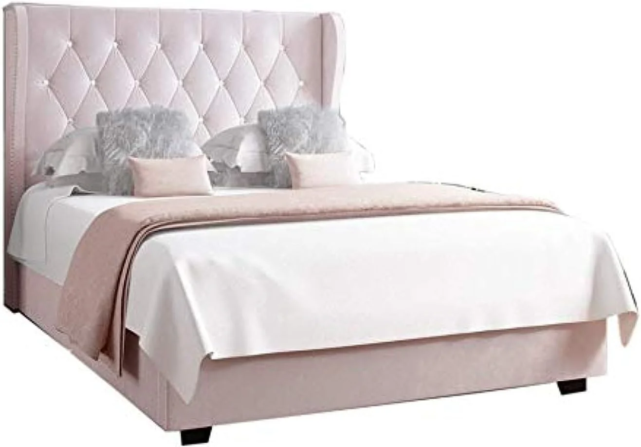 تخت عثمانی دو نفره پشتی بالدار سافینا R2R FURNITURE با روکش مخمل صورتی روشن به همراه تشک سایز کوئین: 160X200