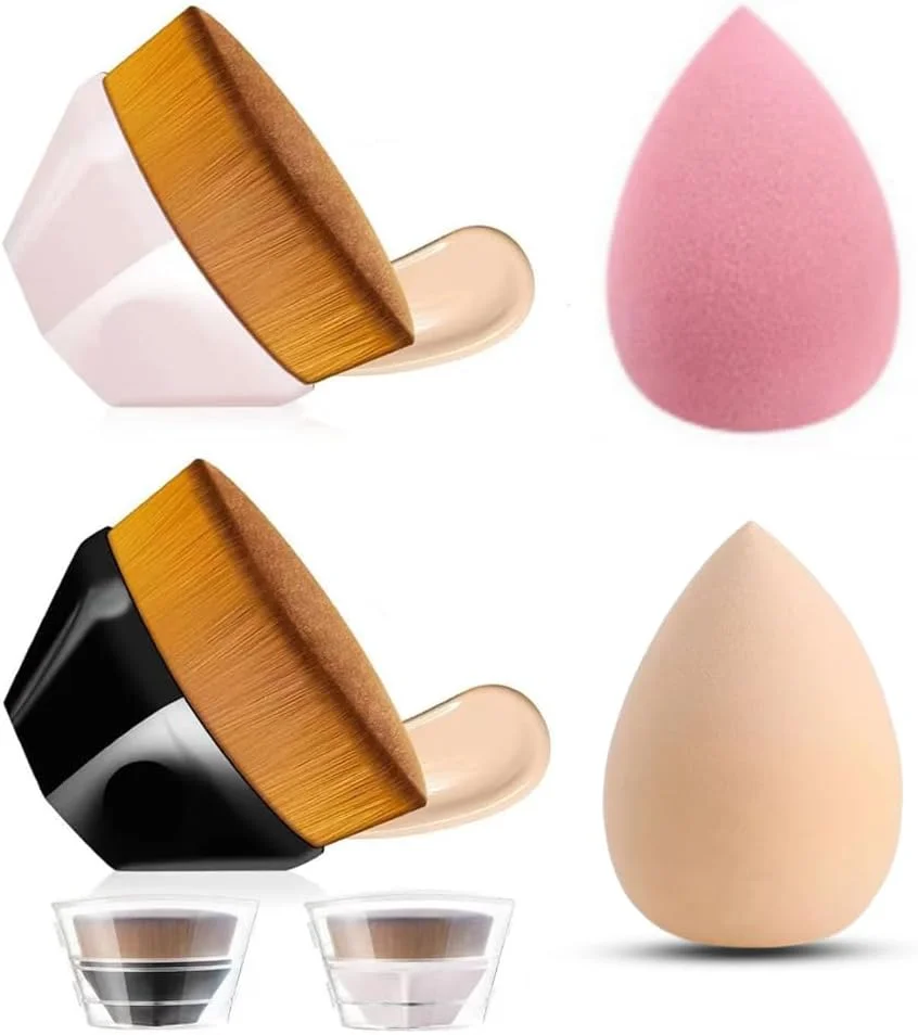 XKFLAUHM 2 عدد براش کرم پودر کابوکی، 2 عدد اسفنج آرایشی برای کرم پودر بدون لاتکس، ست براش های آرایشی نرم و صاف برای پودر، کرم و مایع، و لوازم آرایشی فوق العاده نرم واندر بیوتی