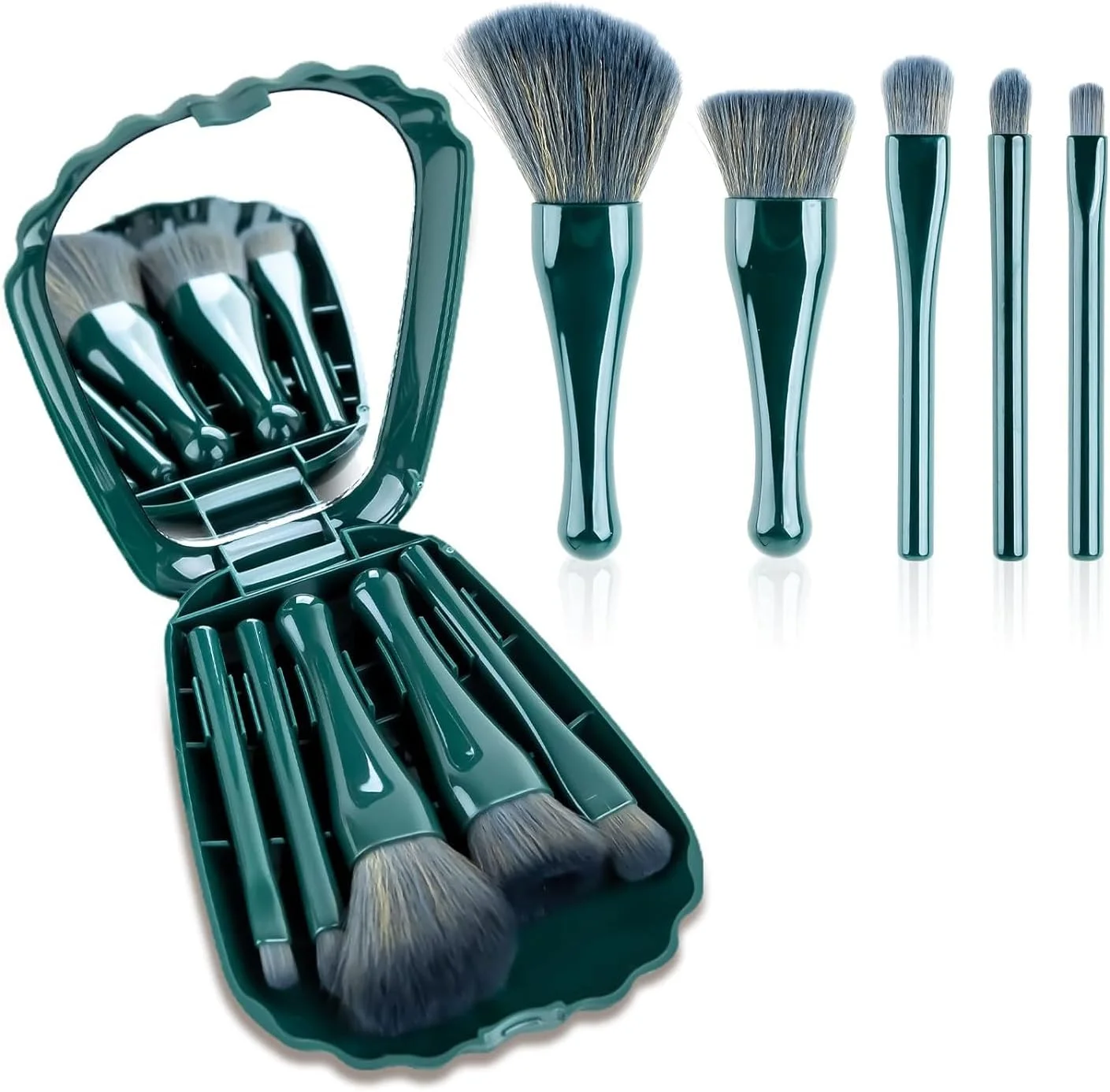 ست برس آرایشی مسافرتی 5 تکه YHRY، ست برس آرایشی مینی، ست برس لوازم آرایشی قابل حمل با عملکرد کامل به شکل صدف، با آینه، برس کرم پودر، برس سایه چشم، سبز تیره