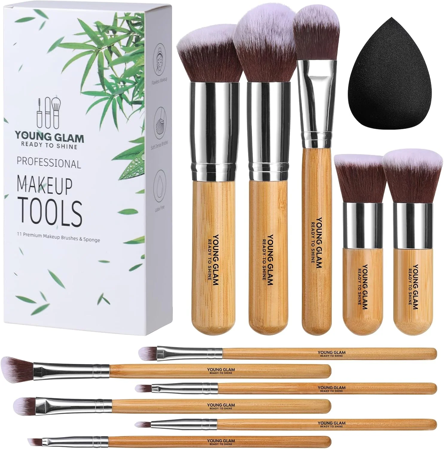 ست براش آرایشی یانگ گلام 11 تکه بامبو، شامل براش های کابوکی، براش کرم پودر، براش ترکیب کننده، کانسیلر، سایه چشم، رژگونه، براش های آرایشی به همراه کیف نگهدارنده و اسفنج آرایشی