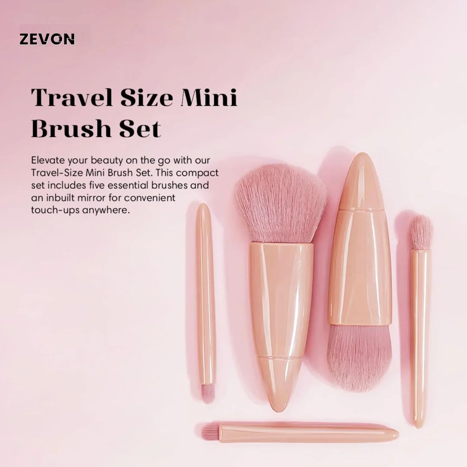 مجموعه برس آرایشی مینی سایز مسافرتی Zevon با آینه، مجموعه کامل کوچک 5 عددی برس لوازم آرایشی با کیف، مناسب برای استفاده در کرم پودر صورت، کانسیلر، سایه ابرو، سایه چشم (صورتی)