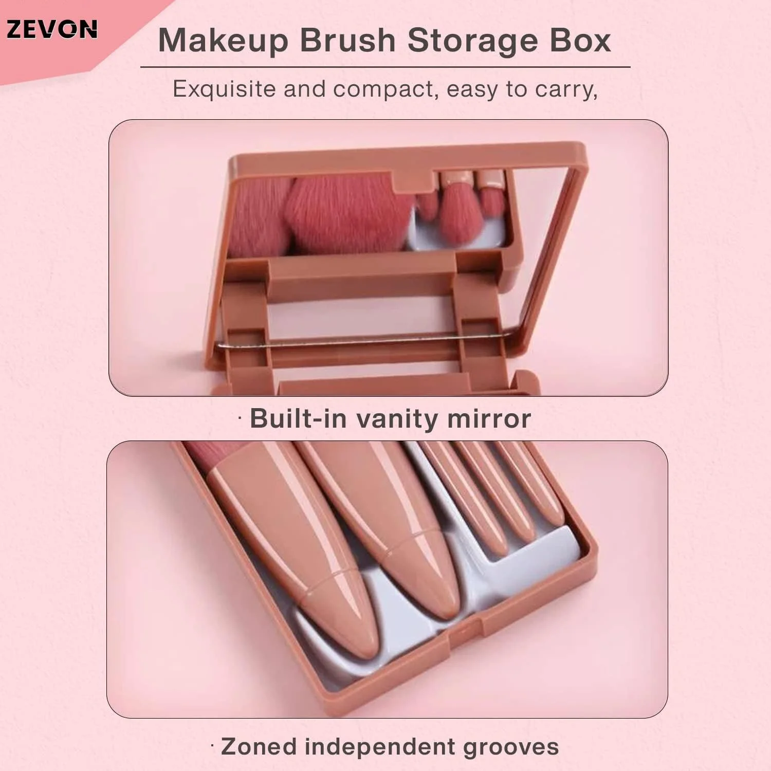 مجموعه برس آرایشی مینی سایز مسافرتی Zevon با آینه، مجموعه کامل کوچک 5 عددی برس لوازم آرایشی با کیف، مناسب برای استفاده در کرم پودر صورت، کانسیلر، سایه ابرو، سایه چشم (صورتی)