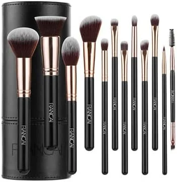 ست برس آرایشی 12 عددی YQBUER، برس های حرفه ای موی مصنوعی برای کرم پودر، پودر، کانتور، سایه چشم، محصولات آرایشی (سایز: B)