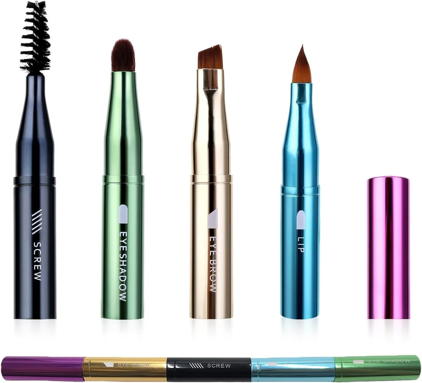 ست براش آرایشی 4 در 1 نفیس YJUFoar، کیت مسافرتی چند منظوره قابل حمل با براش های سایه چشم، ابرو مارپیچی، ابرو زاویه دار و لب جداشدنی، وگان و جمع و جور برای استفاده در سفر