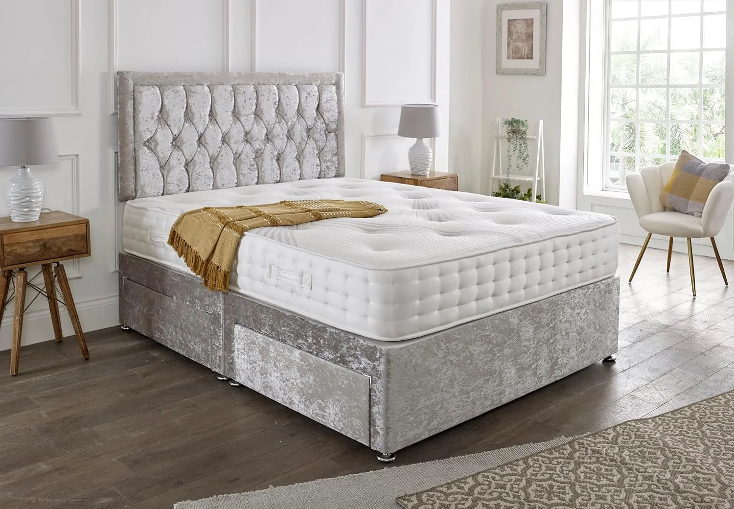 سرویس تختخواب دیوانی مموری فوم طرح داماسک SANA SLEEP به همراه تشک، 2 کشو (یک طرف) و تاج تخت سایز یک نفره 3 فوت - مخمل نقره ای خرد شده