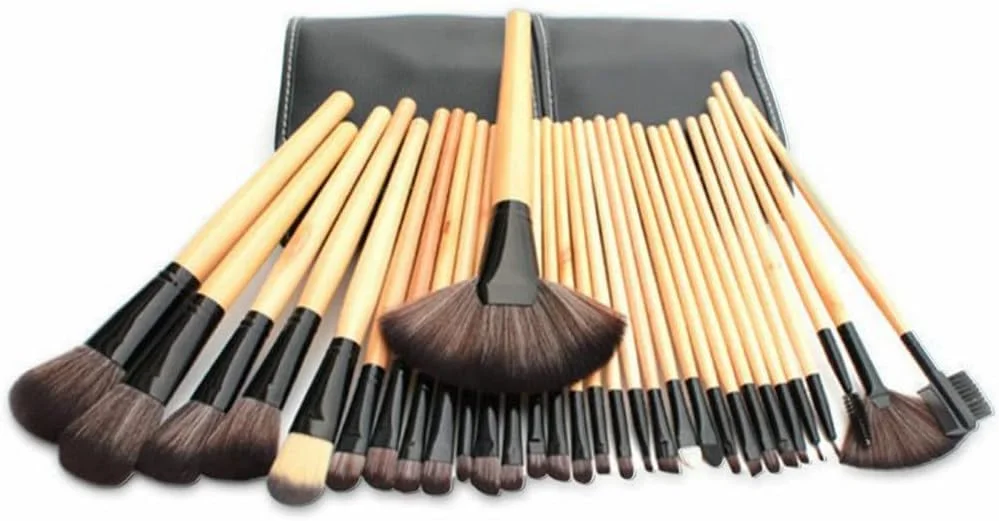 ست برس آرایشی دسته چوبی با کیف حمل، ابزار آرایشی قابل حمل برای خط چشم، مناسب استفاده خانگی، حرفه ای، شخصی و بانوان، 32 تکه