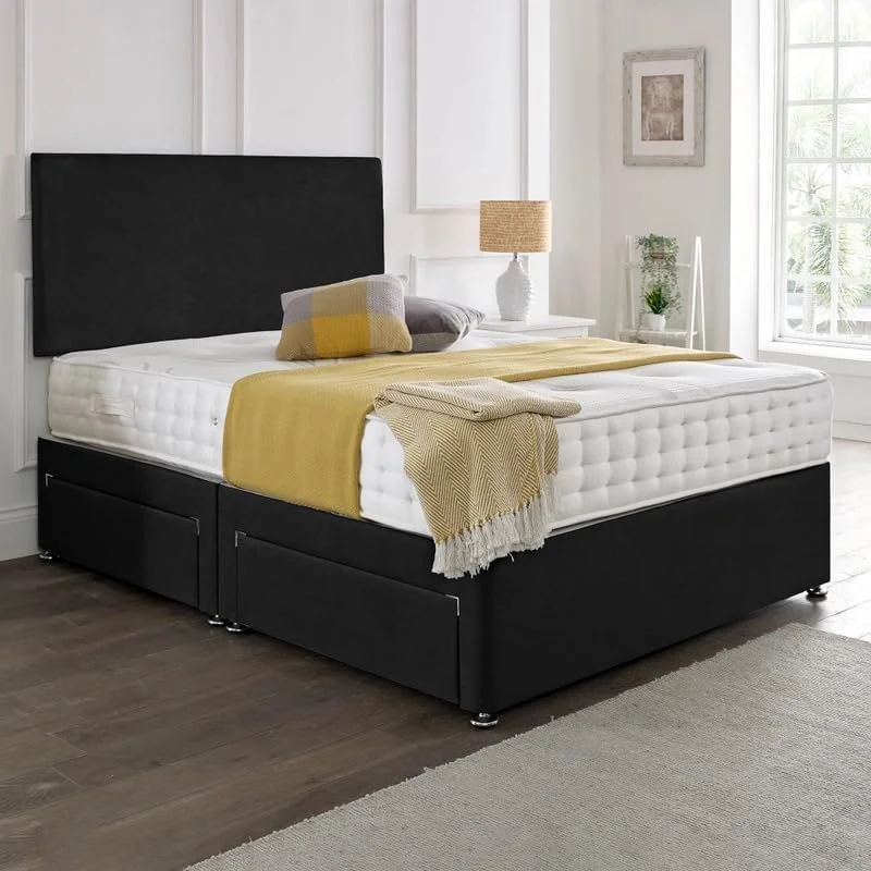 سرویس تختخواب دیوانی پارچه ای ساده پریمیوم SANA SLEEP به همراه تشک، 2 کشو (همان سمت) و تاج تخت سایز 4FT6 دو نفره - چرم مشکی