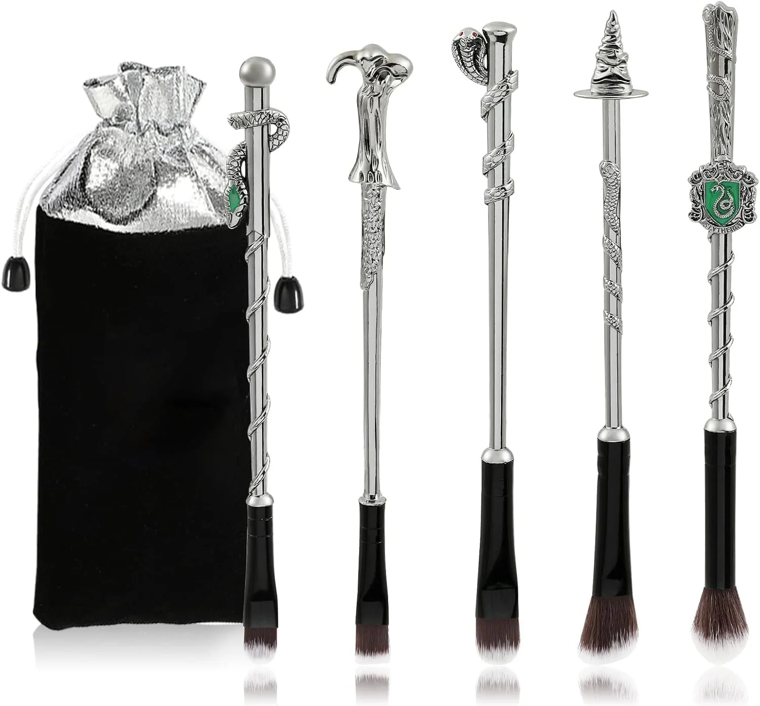 ست برس آرایشی وی چیپ [5 تکه] فلزی، دسته نقره ای سه بعدی چوب جادوگری برای کرم پودر، رژگونه، سایه چشم، کانسیلر صورت، خط چشم، کانتور، پودر مایع چشم، فیلم H P، هدیه انیمه برای دختران، زنان