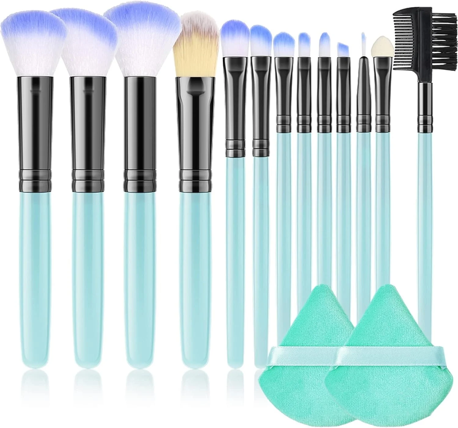 ست برس آرایشی صورتی WANAM شامل برس های کرم پودر، رژگونه، پودر، سایه چشم، لب و ابزار آرایشی با 2 پد پودری (رنگ: Hortel)