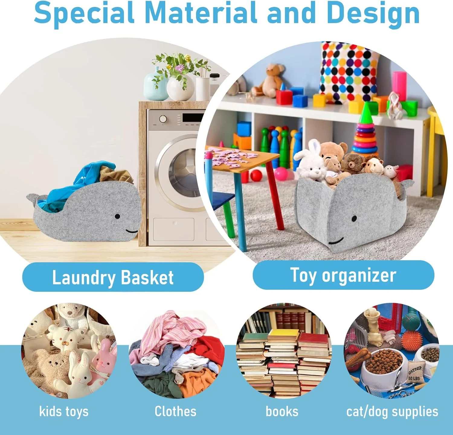 سبد ذخیره سازی Aynaxcol، جعبه نمدی طرح نهنگ، تاشو و کاربردی با دستگیره برای اتاق خواب، کمد، اتاق کودک و اسباب بازی (بزرگ)