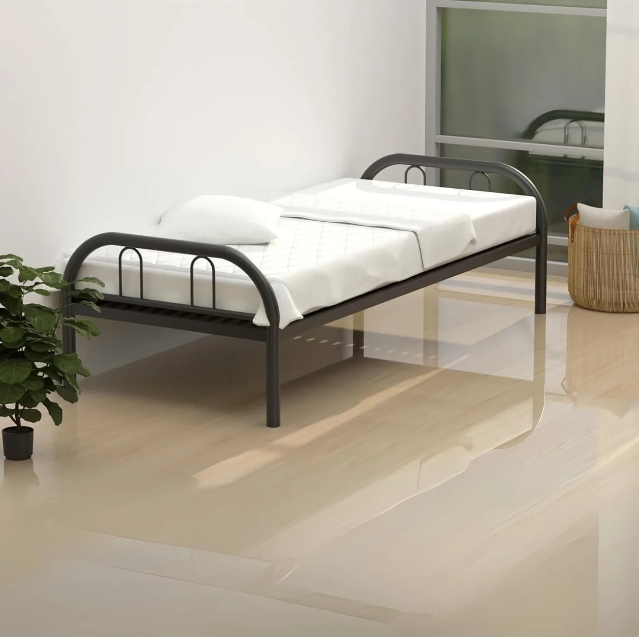 تخت خواب یک نفره RESTI به همراه تشک و اسکلت فلزی مقاوم برای اتاق خواب، اتاق نشیمن، جابجایی آسان، اسکلت تخت فلزی مشکی، سایز 90x190 سانتی متر – بادوام و شیک
